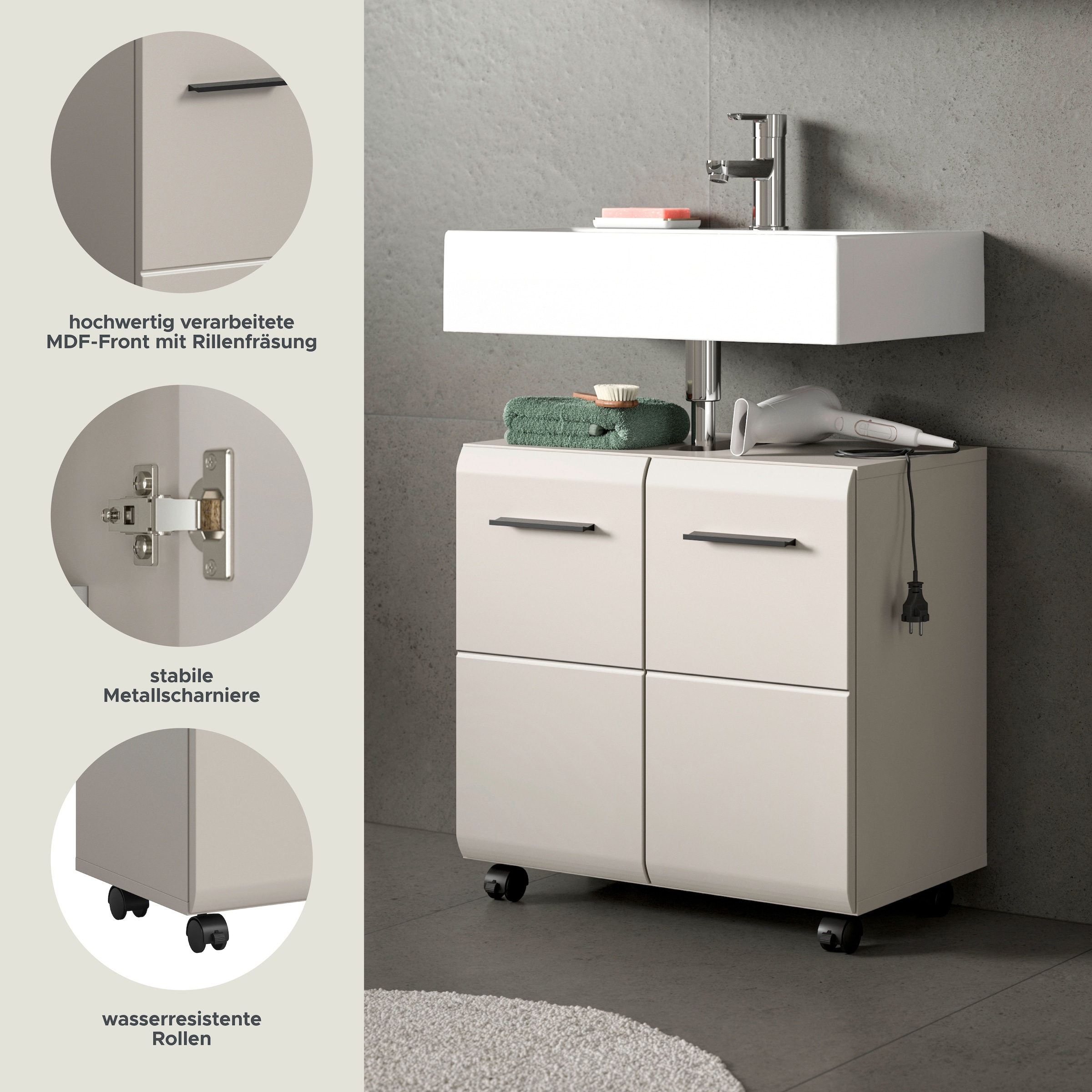 welltime Armoire sous lavabo »FLORENZ, Waschbeckenunterschrank mit Rollen, hochwertige MDF-Front« 1 cuis tlg. Waschbeckenunterschrank, WBU, Unterschrank, Bad, Badezimmer