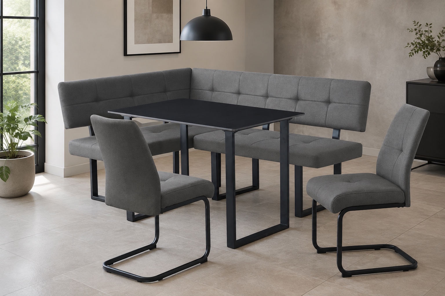 GOODproduct Ensemble de bancs d'angle »Alabama« Ensemble d'épargne, 4 tlg. Sitzgruppe mit Federkern, 2 Freischwingern und Sinterstein-Tisch