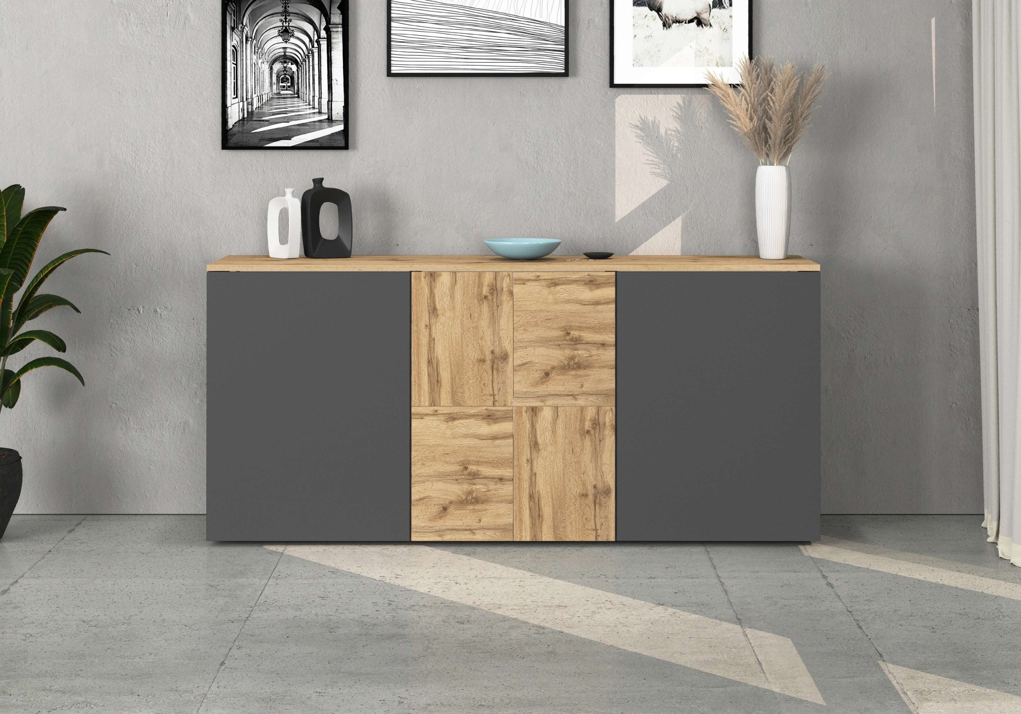 GOODproduct Sideboard »ISEO, Kommode, Schrank, Sideboard, Lowboard, 6 Fächer, Breite 150 cm« 1 Stk. tlg. stehend/hängend, 3 Türen, 6 Fächer, Breite 150 cm