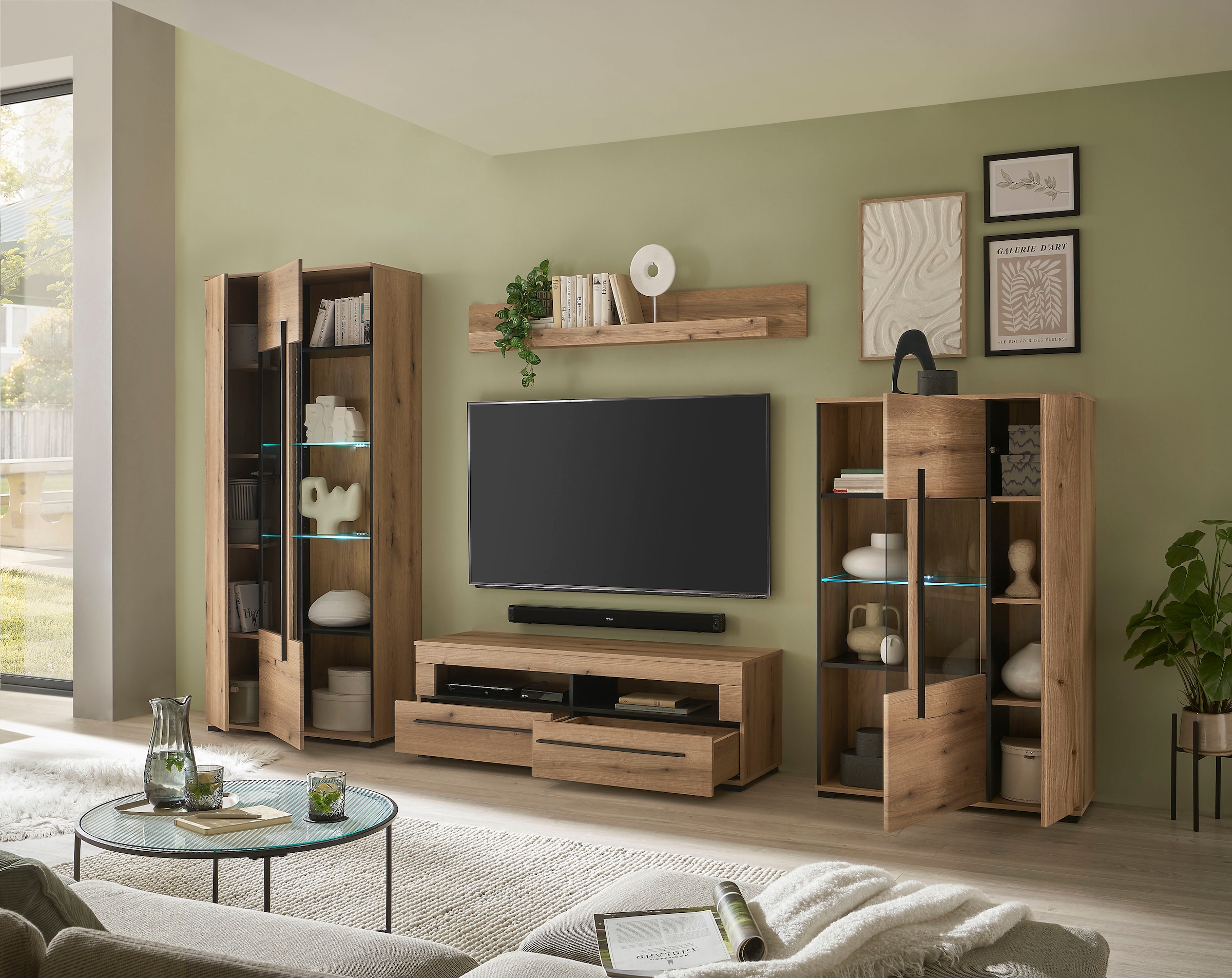 INOSIGN Wohnwand »Cantara, moderne Anbauwand, Wohnzimmer-Set, in Eiche Evoke oder Weiss«, (Set), enthält zwei Vitrinen, ein Lowboard und ein Wandboard