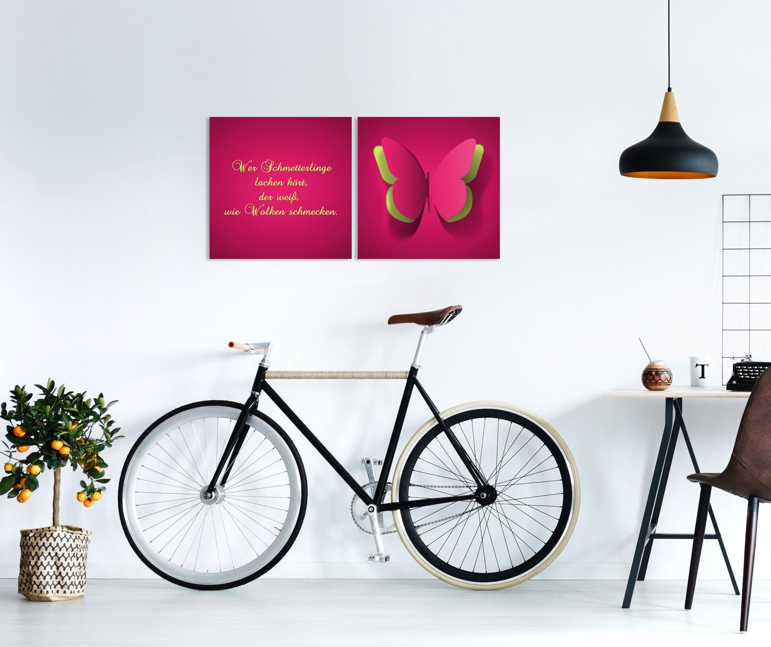 queence Leinwandbild »Schmetterling«, Tiere-Schmetterlinge-Kunst-Modern-Spa-Spa Bilder-Sprüche-Sprüche & Texte-Schriftzug-Schriftzüge, (Set), Premium-Leinwandstoff, Handarbeit aus Deutschland, Spruch, 2er Set
