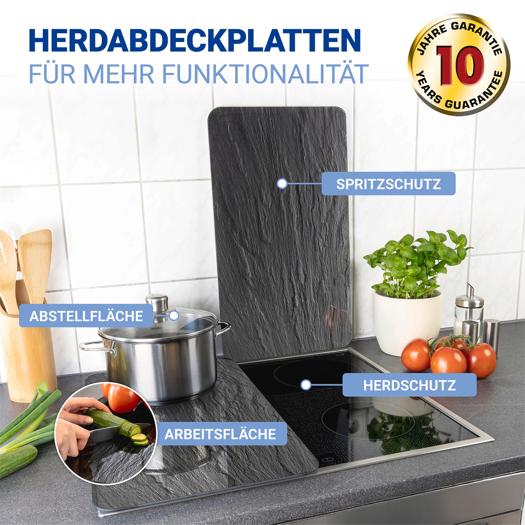 WENKO Herdblende-/Abdeckplatte »Universal Modell Schiefer«, (Set, 2 tlg.), Herdabdeckung für alle Herdarten, kratzfest, mit rutschfesten Füssen