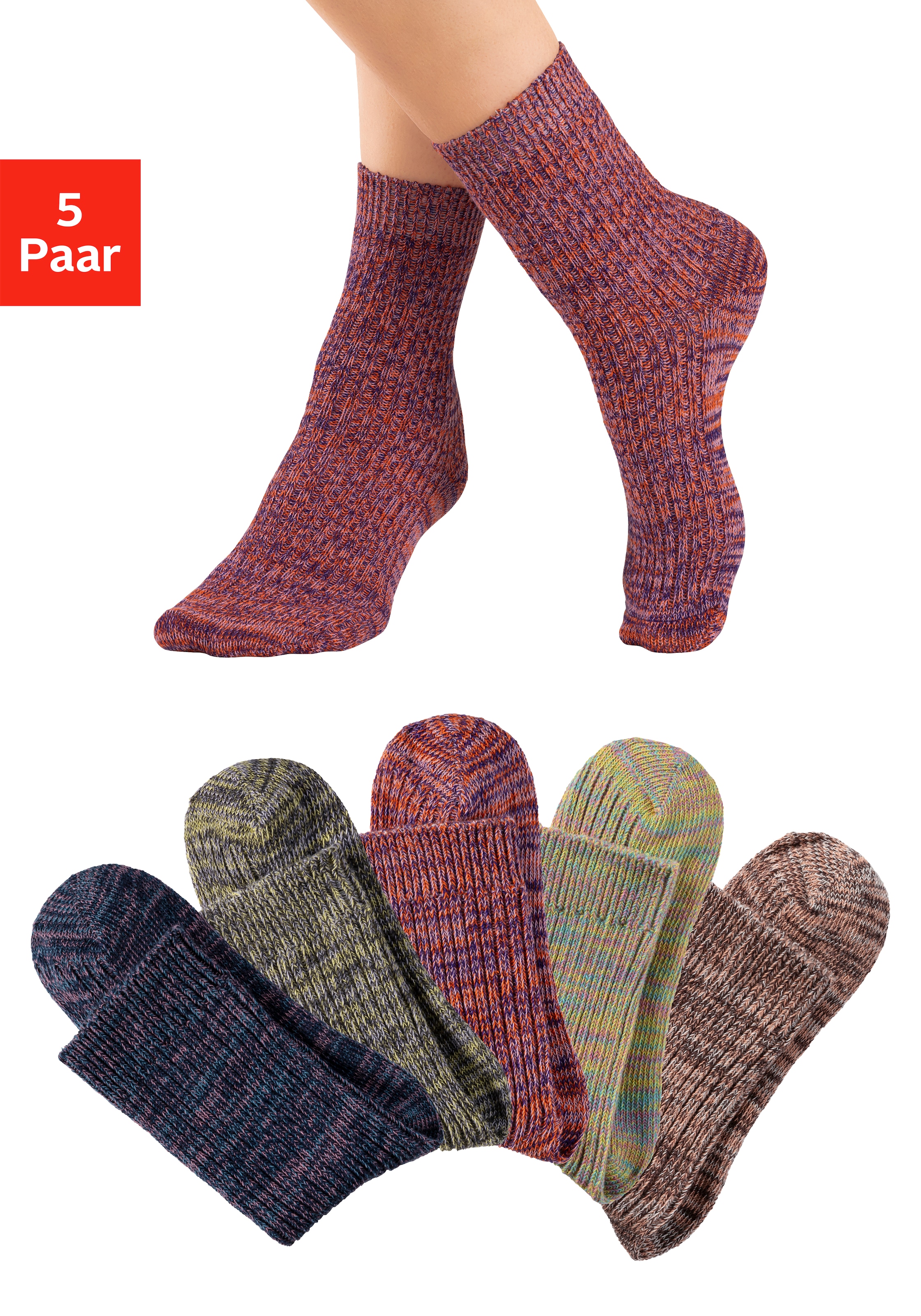 Image of LASCANA Socken "Damensocken Rippsocken für casual Outfits" Packung, 5 Stk. tlg. gestrickt mit farbigen Garnen