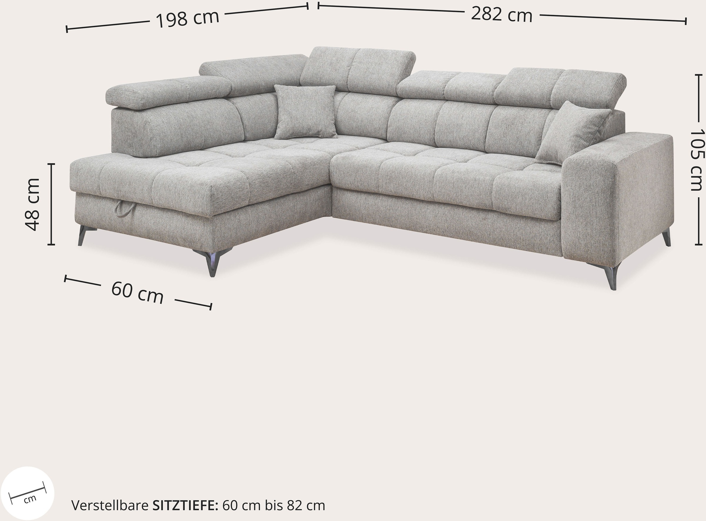 ED EXCITING DESIGN Ecksofa »Sydney L-Form« motorischer Sitztiefenverstellung, USB-Port & 2 Zierkissen