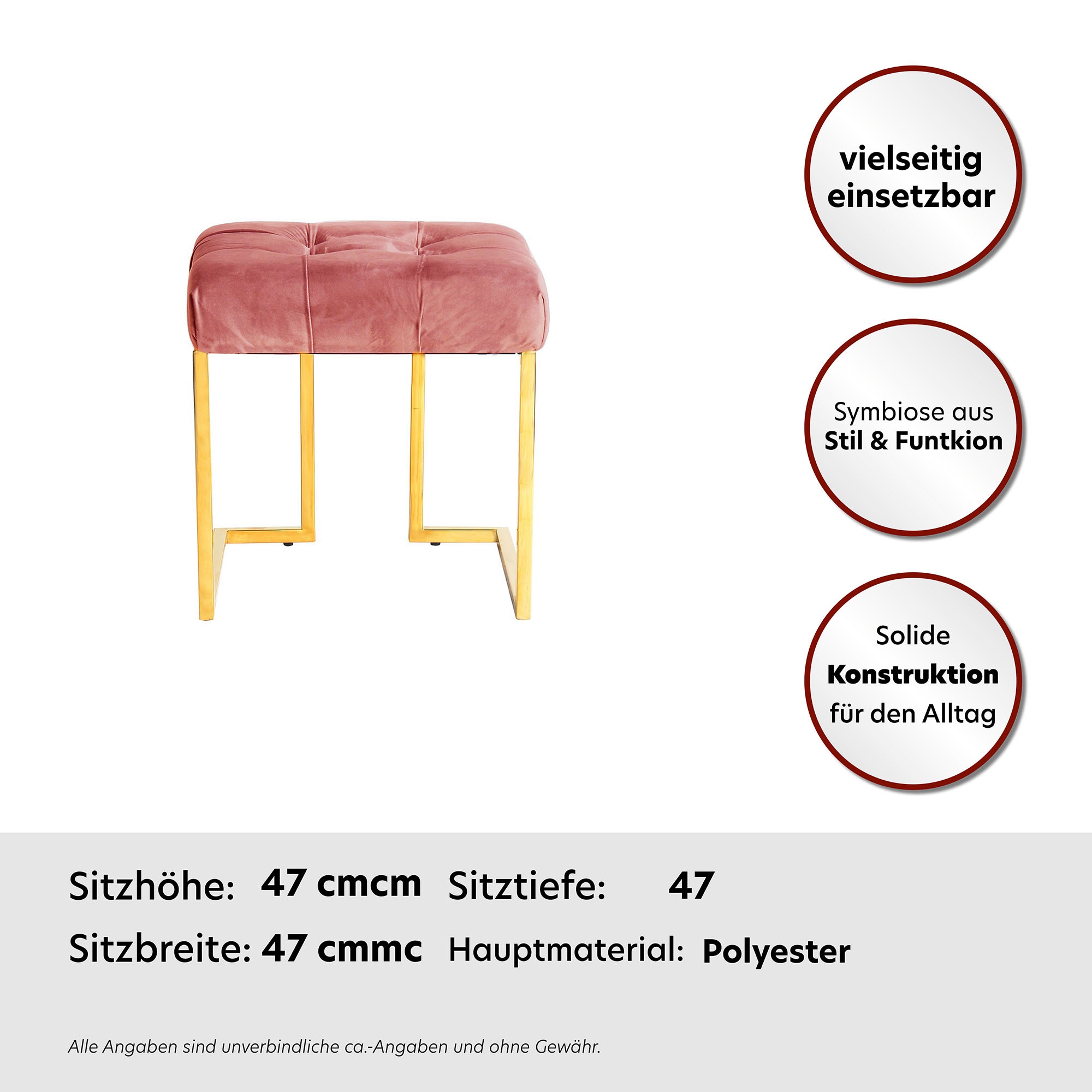 Kayoom Sitzhocker »Hocker Rare, Edler Touch durch goldfarbenenes Gestell«, (1 St.), eckig, samtweich, gesteppt, mit Zierknöpfen, Edelstahlgestell
