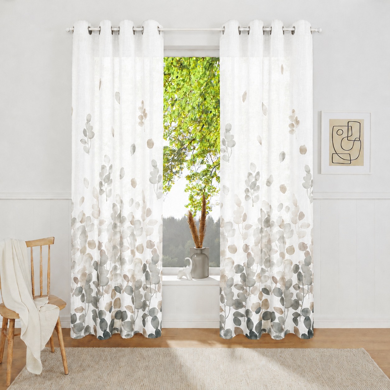 Image of GOODproduct Gardine "Reeffa, 1 Stück, halbtransparent, Blättermotiv, Leinenoptik" Ösen 1 Stk. tlg. Blätter, Leinenoptik, leichter Lichtschutz, halbtransparent