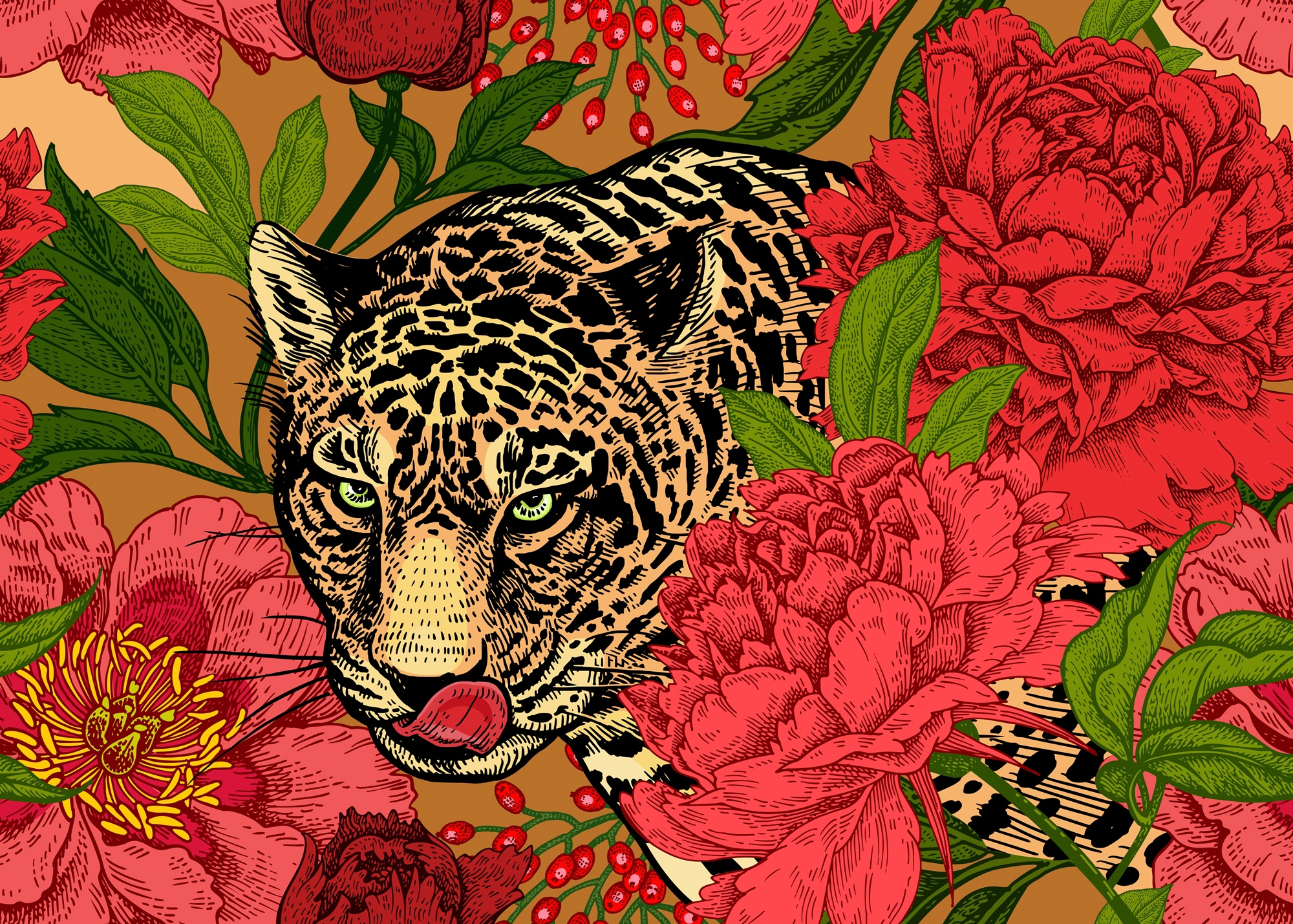 Image of Papermoon Fototapete "ABSTRAKT DESIGN-LEOPARD mit Blumen"