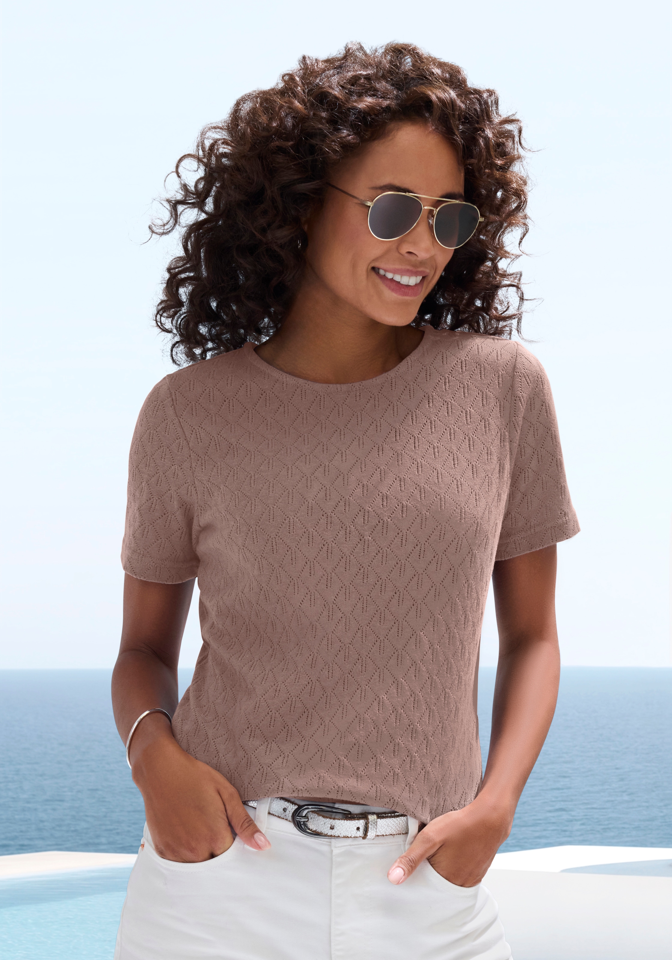 Image of Vivance Kurzarmshirt "mit modischem Ajour-Muster" aus weicher Baumwoll-Qualität