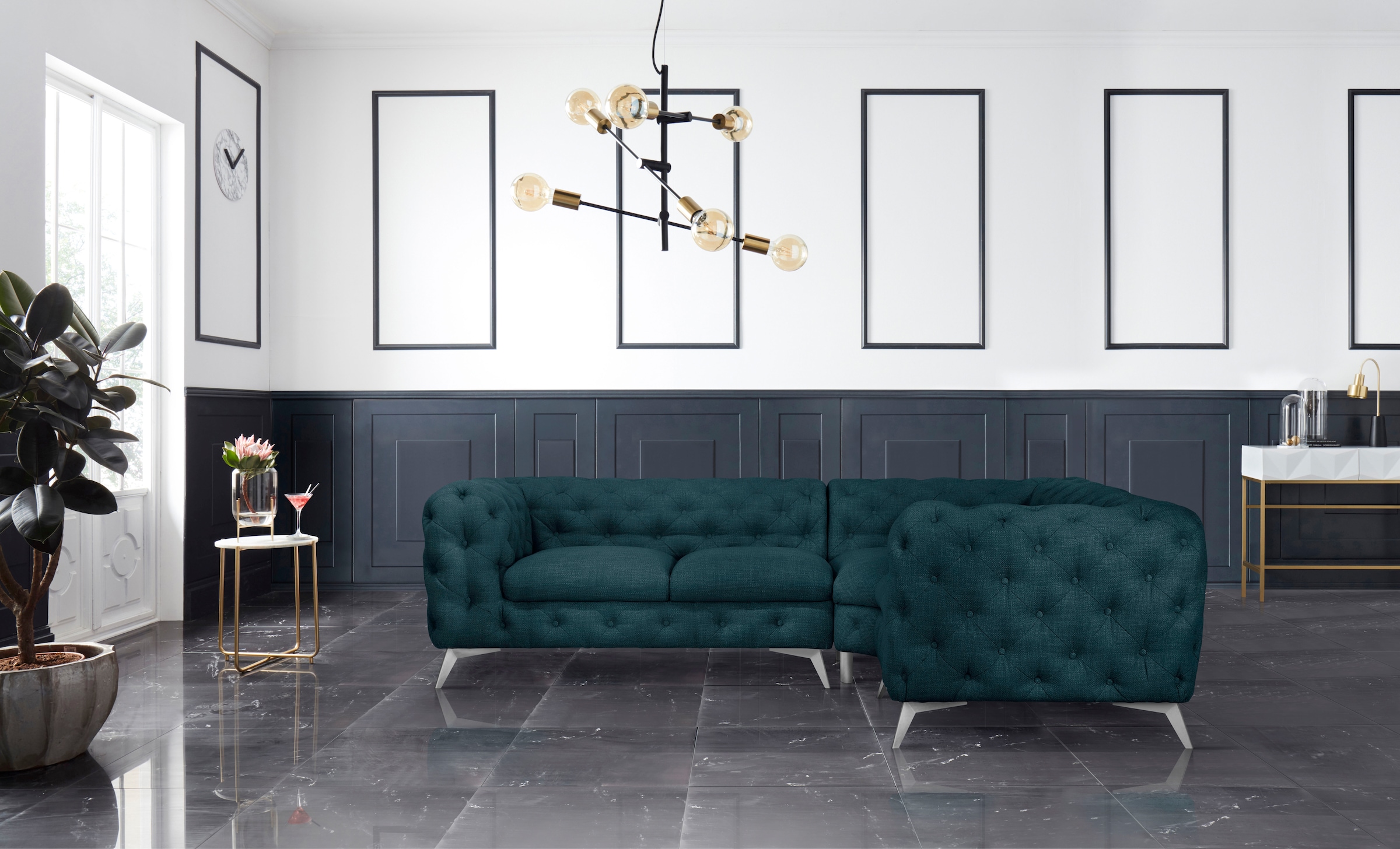 Home affaire Chesterfield-Sofa »Ecksofa GLYNIS L-Form mit Wellenunterfederung, Masse B/T/H 264/204/75cm« aufwändige Knopfheftung, moderne Chesterfield Optik, Fussfarbe wählbar