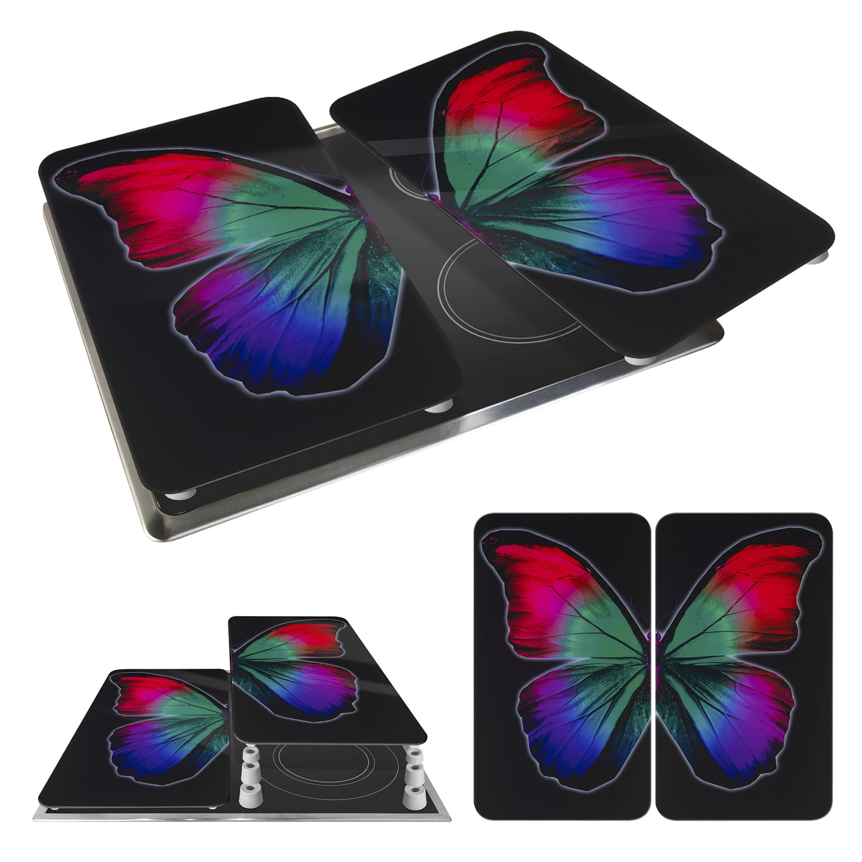 WENKO Herd-Abdeckplatte »Universal Modell Butterfly by Night«, (Set, 2 tlg.), Herdabdeckung für alle Herdarten, kratzfest, mit rutschfesten Füssen