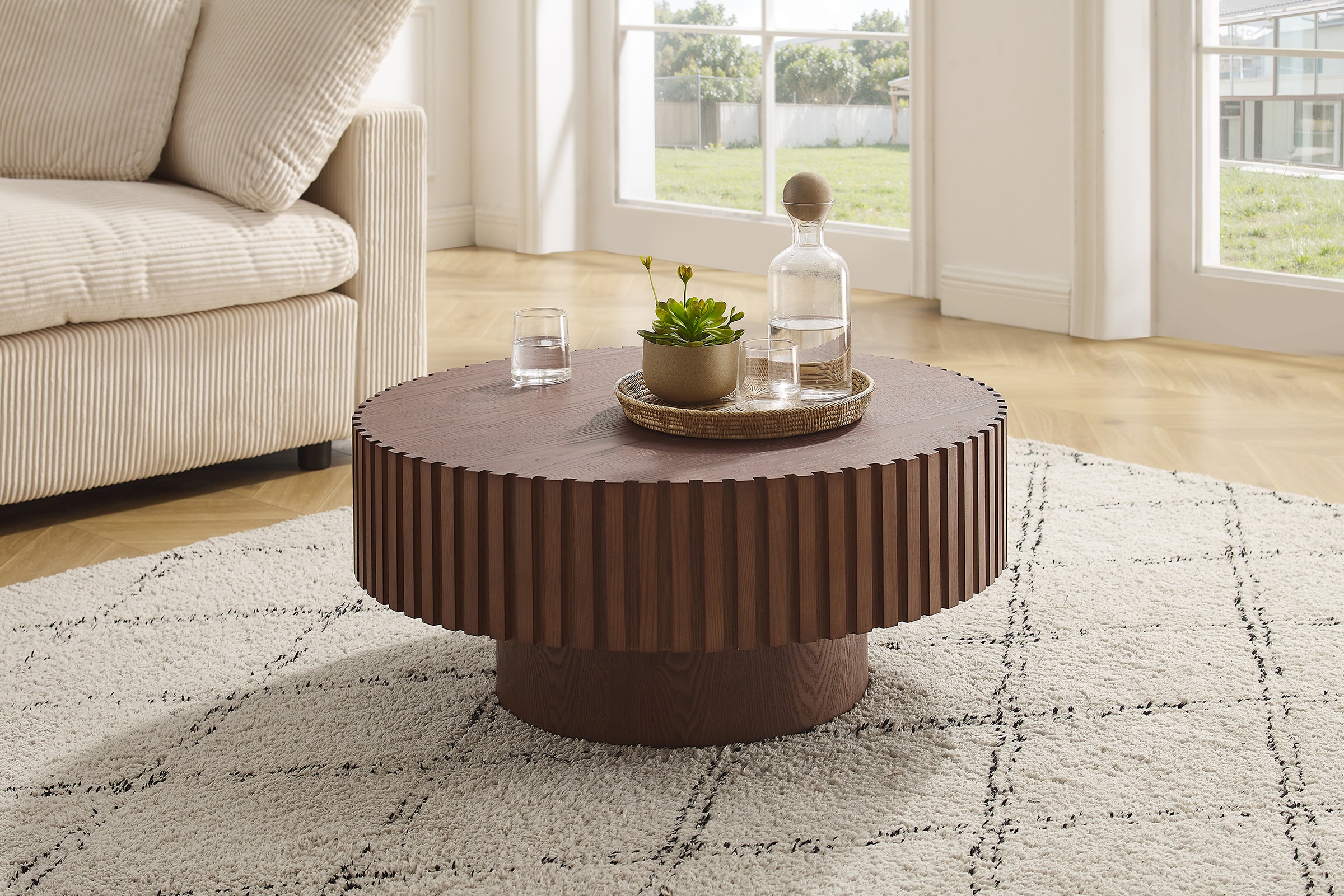 SalesFever Couchtisch "rund mit Massivholz-Lamellen Ø 80 cm" 1 Stk. tlg. Moderner Holztisch fürs Wohnzimmer mit Echtholzfurnier
