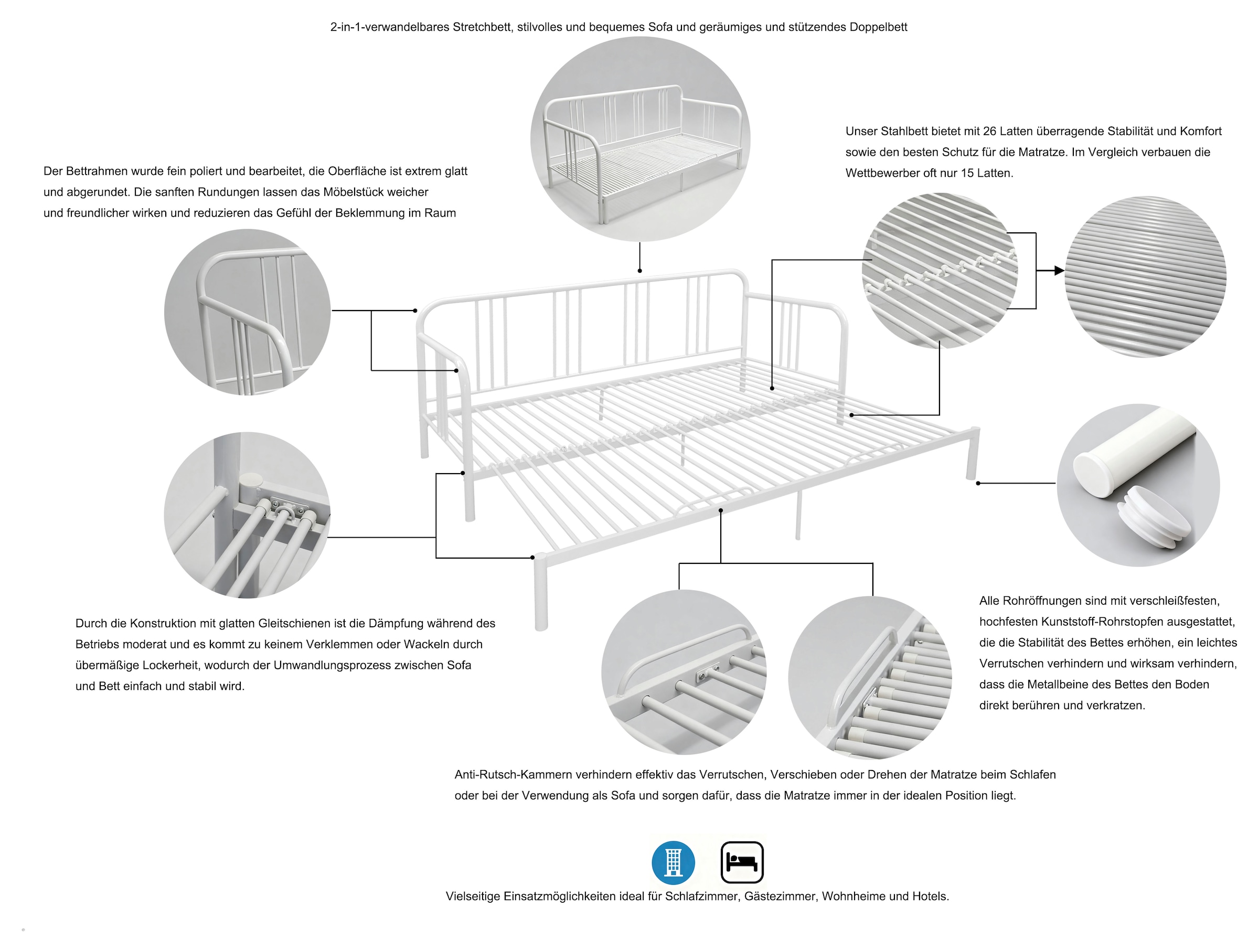 GOODproduct Lit en métal »Trento Bett Bettgestell Bestseller Doppelbett Ausziehbett« Bestseller Gästebett Sofabett Schlafzimmer,  Daybett mit Ausziefunktion im Landhausdesign weiss