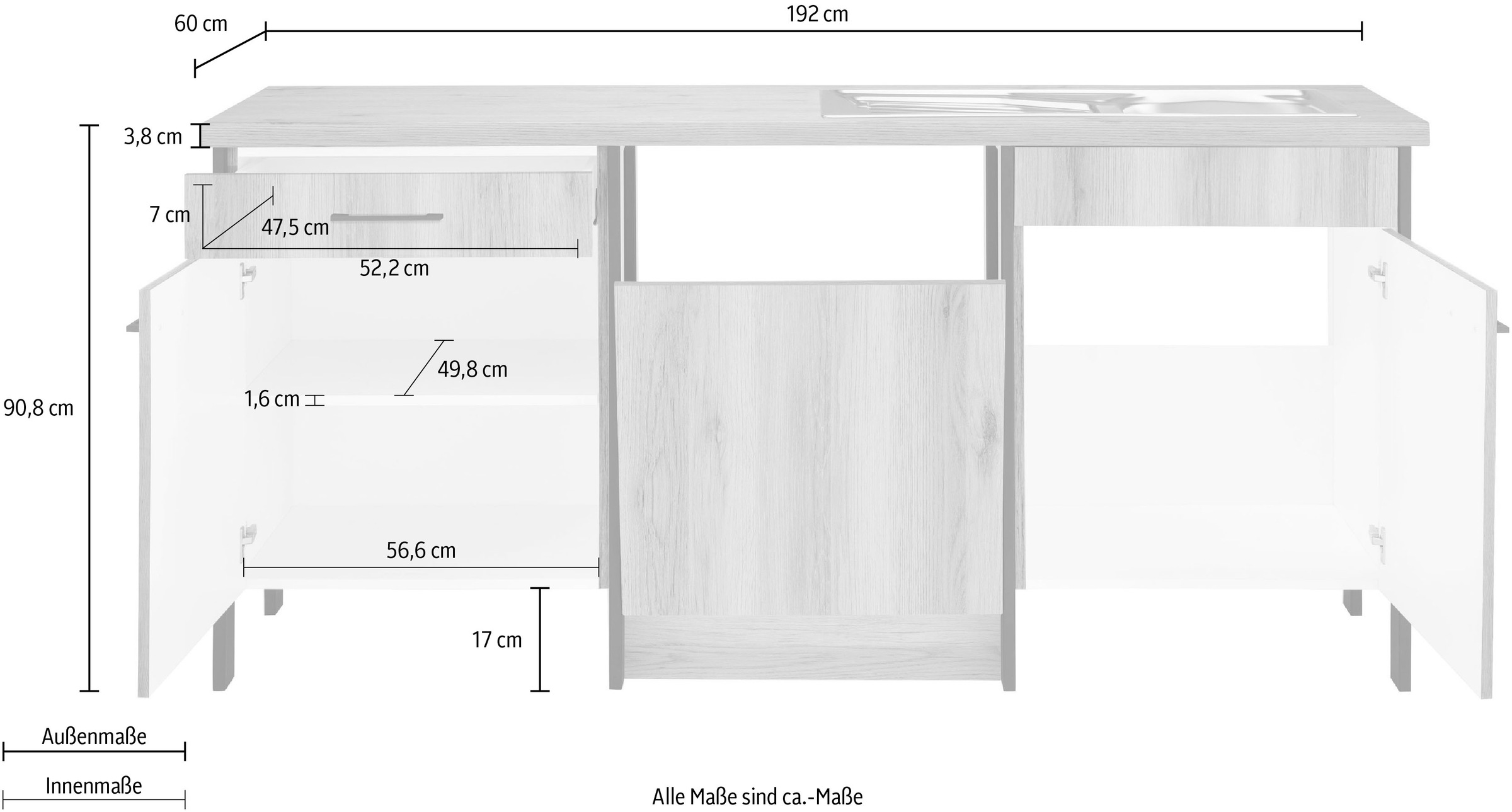 OPTIFIT Spülenschrank »Tokio«, 192 cm breit, mit Stahlgestell, mit Vollauszug