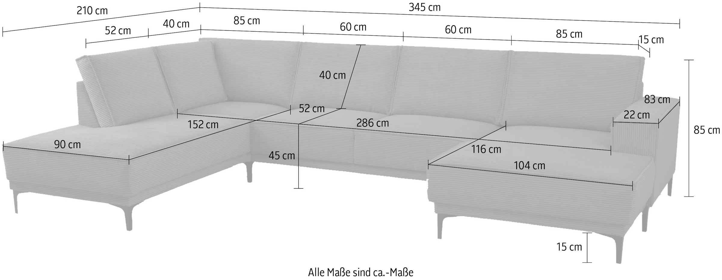 GOODproduct Wohnlandschaft »OLAND Cord U-Form, XXL, B: 345 cm, Skandi-Design« U-Form, 345 cm, Wellenunterfederung, Skandi-Design, Metallfüsse