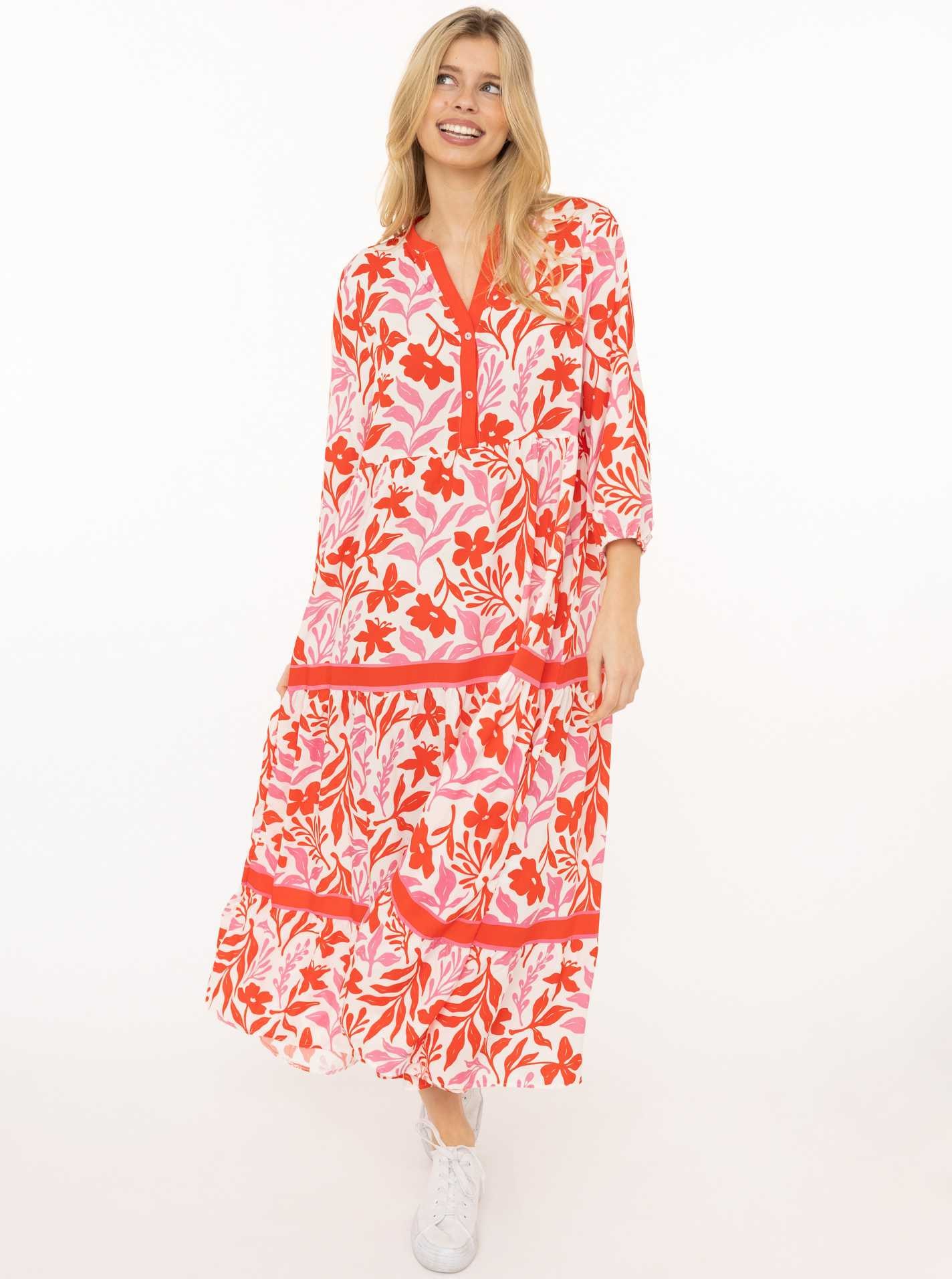 Image of Zwillingsherz Maxikleid ""Flower"" Ohne Taschen Florales Muster, Schriftzug, 3/4 Arm, Knopfleiste