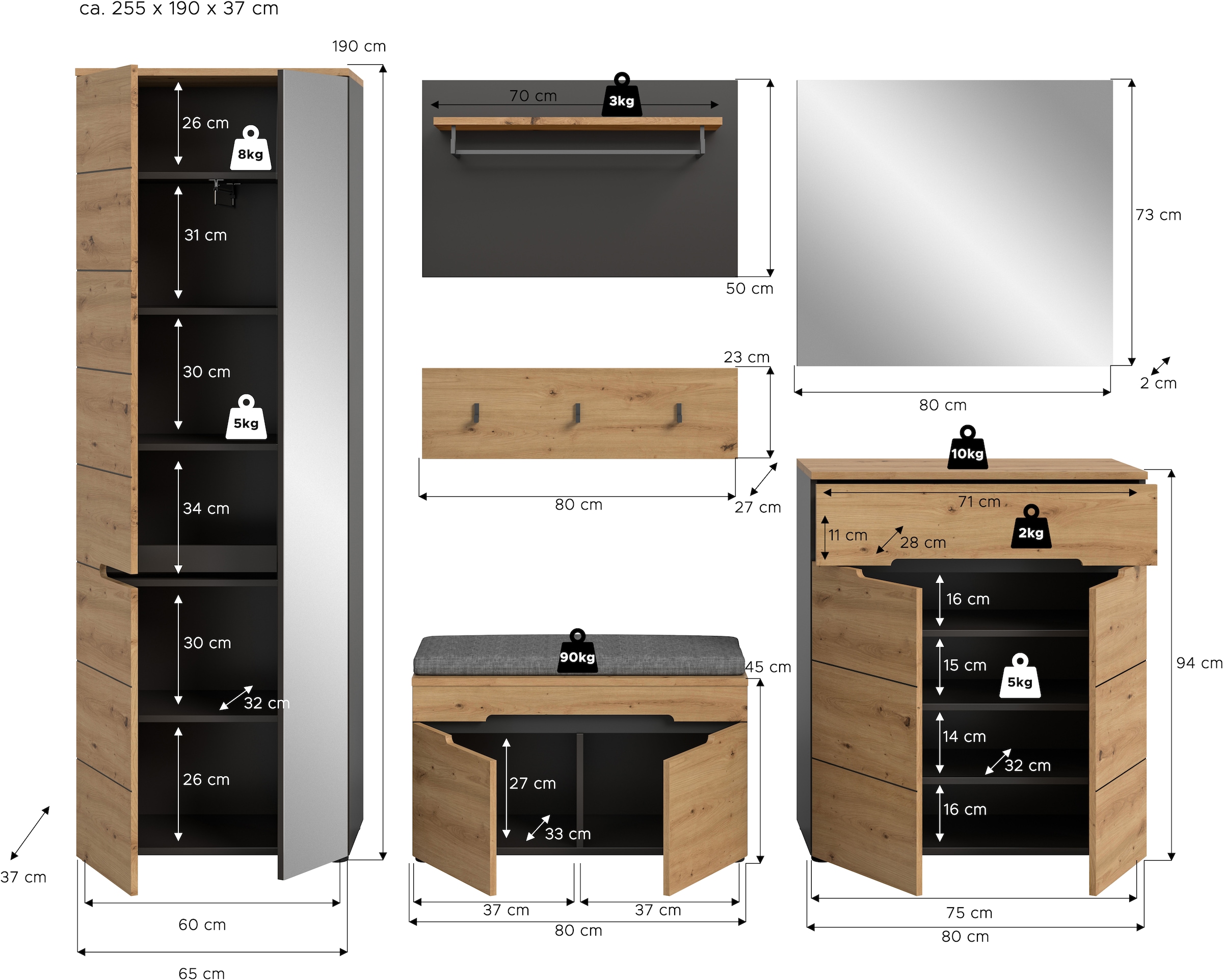 Home affaire Garderoben-Set »REHAT, TOPSELLER!, 6-teilig, Breite 255 cm, individuell erweiterbar« Set, Schrank, Sitzbank, Sitzkissen, Paneel, Hakenleiste, Spiegel, Kommode, 6 Stk. tlg.