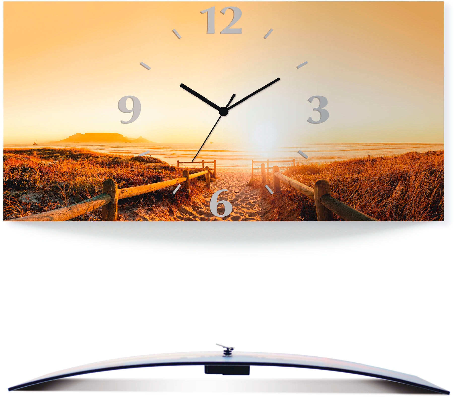 Image of Artland Wanduhr »Sonnenuntergang Panorama Strand«, 3D Optik gebogen, lautlos, ohne Tickgeräusche, nicht tickend, geräuschlos - wählbar: Funkuhr o. Quarzuhr, moderne Uhr für Wohnzimmer, Küche etc. - Stil: modern bei Ackermann Versand Schweiz