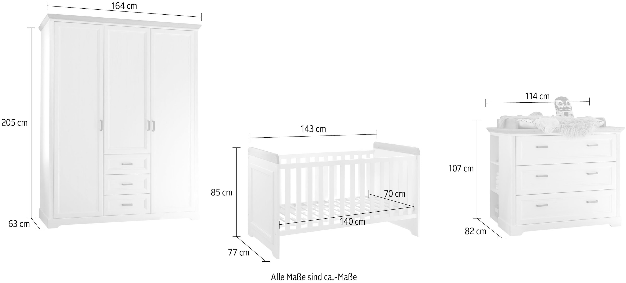 Begabino Babyzimmer-Komplettset »Jasmin« Set, 3 Stk. tlg. bestehend aus Kleiderschrank, Babybett, Wickelkommode