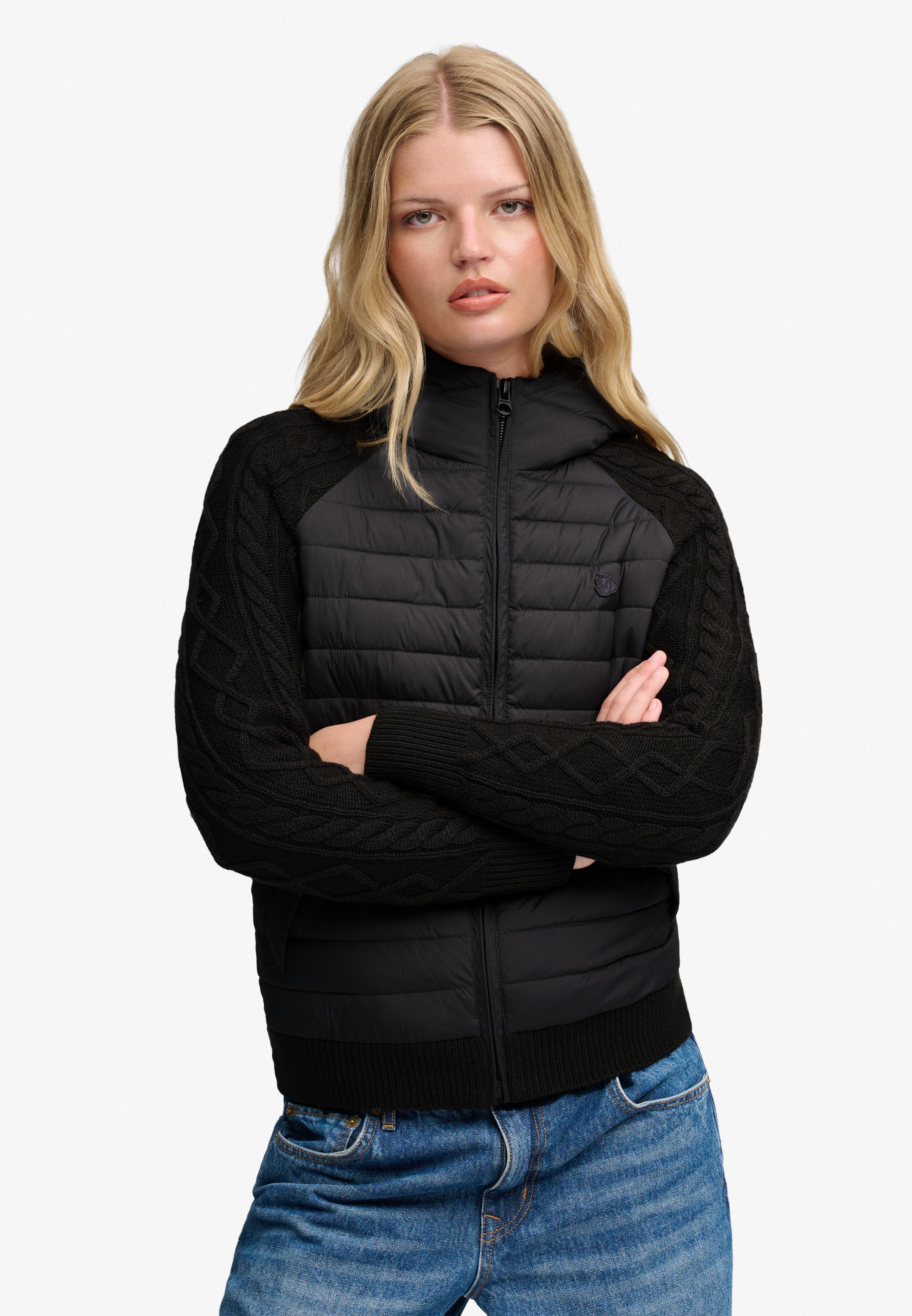 Image of Superdry Hybridjacke "HOODED CABLE KNIT HYBRID" Kunstfaser, slim fit