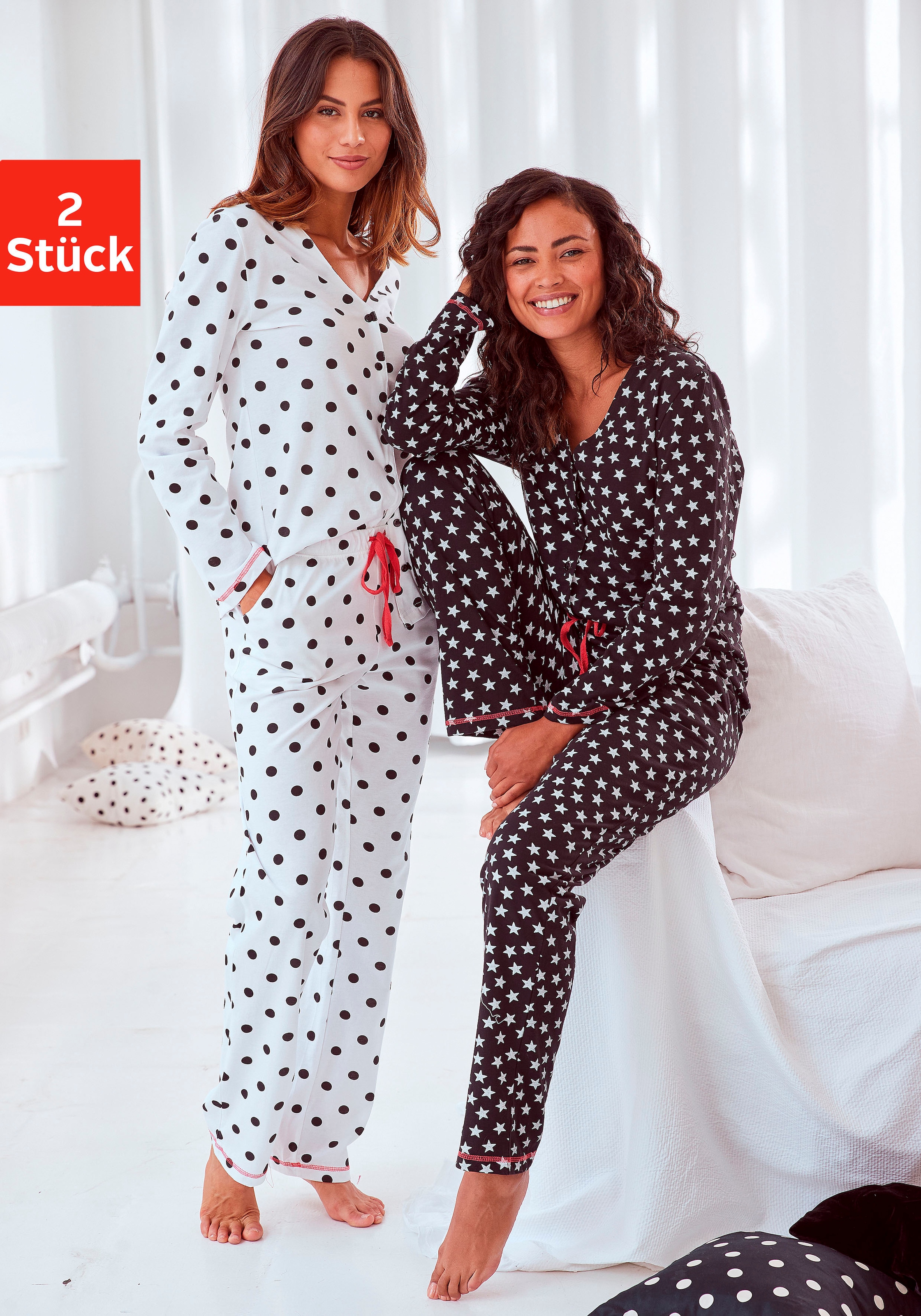 Image of Vivance Dreams Pyjama Packung, 2 Stück, 4 tlg. mit grossen Punkten und Sternen