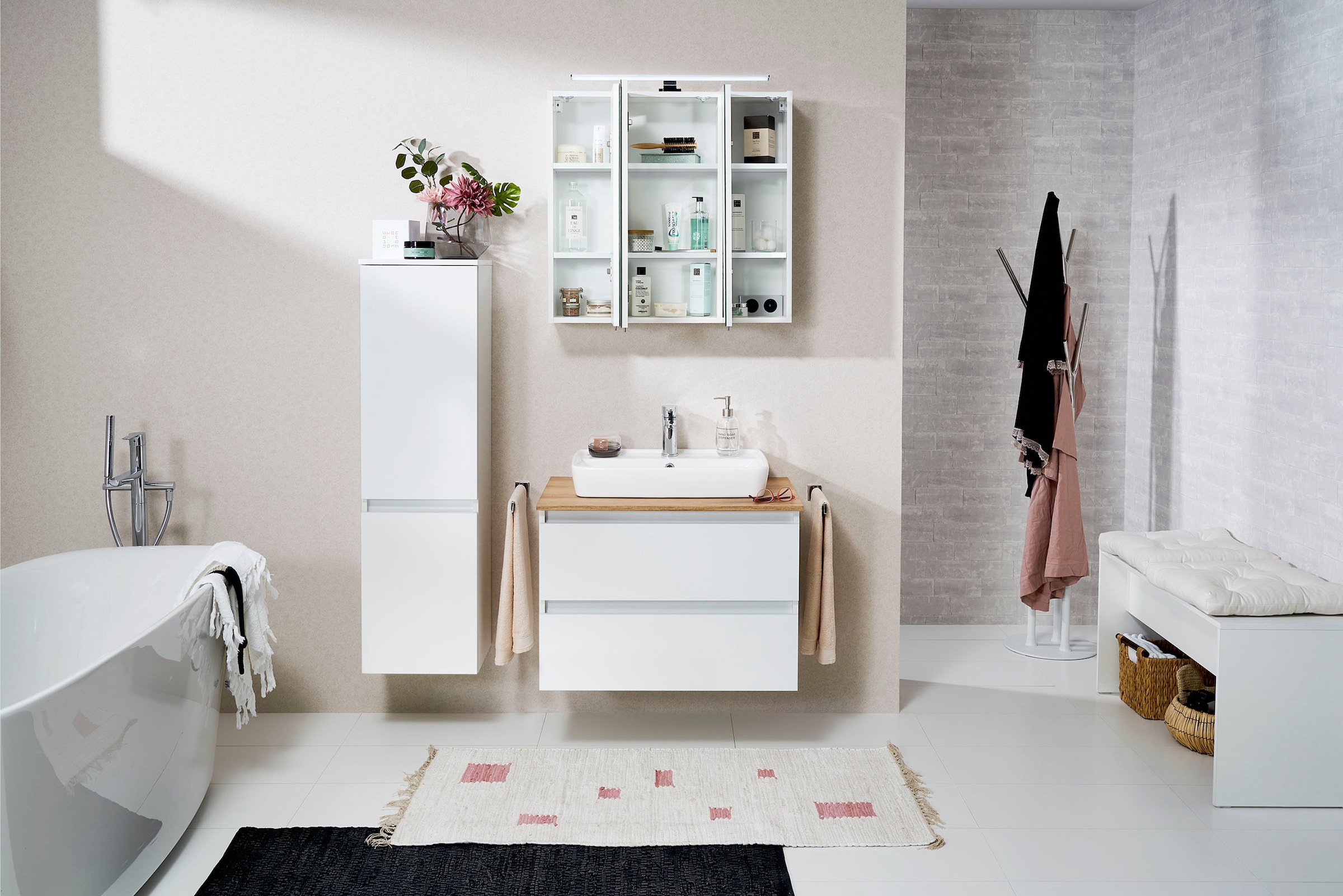 Saphir Waschtisch »Quickset 360 Waschplatz mit Keramik-Aufsatzbecken, wandhängend« Waschtischplatte, 78 cm breit, Weiss Glanz, 2 Schubladen