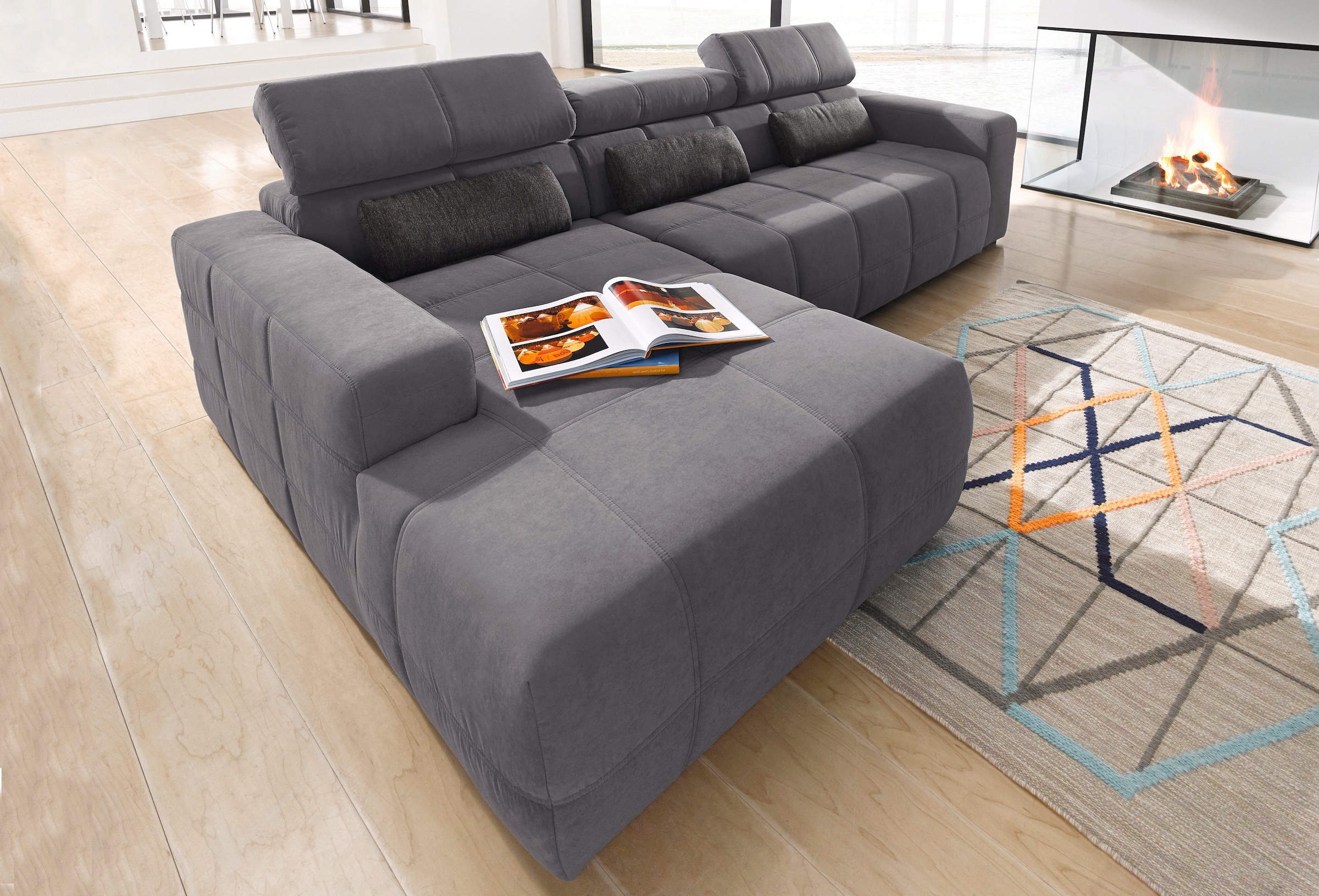 DOMO collection Ecksofa »Brandon B/T: 289/177 cm, belastbar bis 140kg/ Sitz, L-Form«, mit Sitztiefenverstellung, Luxus-Microfaser, dunkelgrau