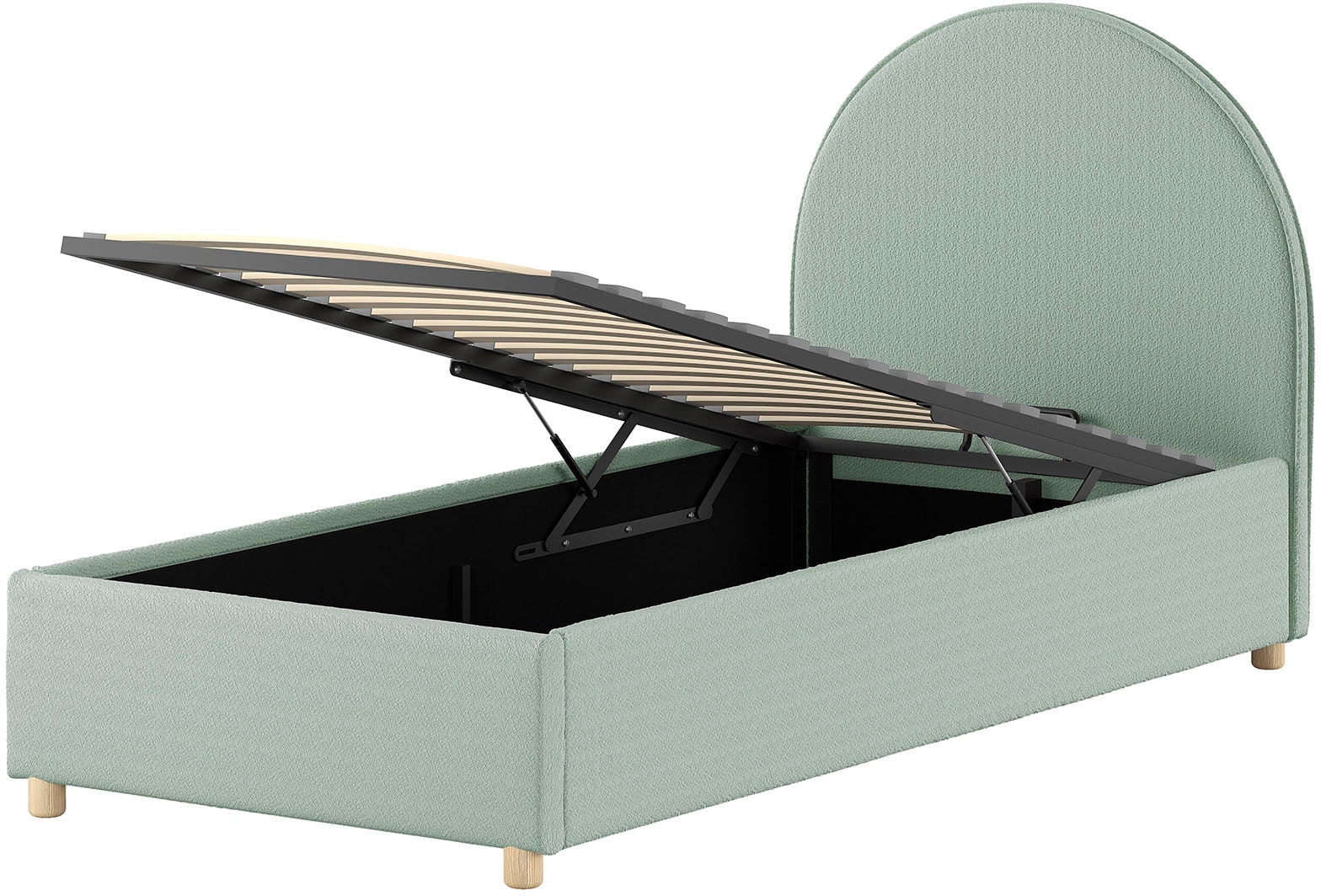Vipack Boxbett »Moon, mit Lattenrost und Stauraum, modernes Design« gerundetes Kopfteil und in 2 Breiten erhältlich,  inkl. Massivholz Füssen in natur, 3 Stoff Farben zur Auswahl