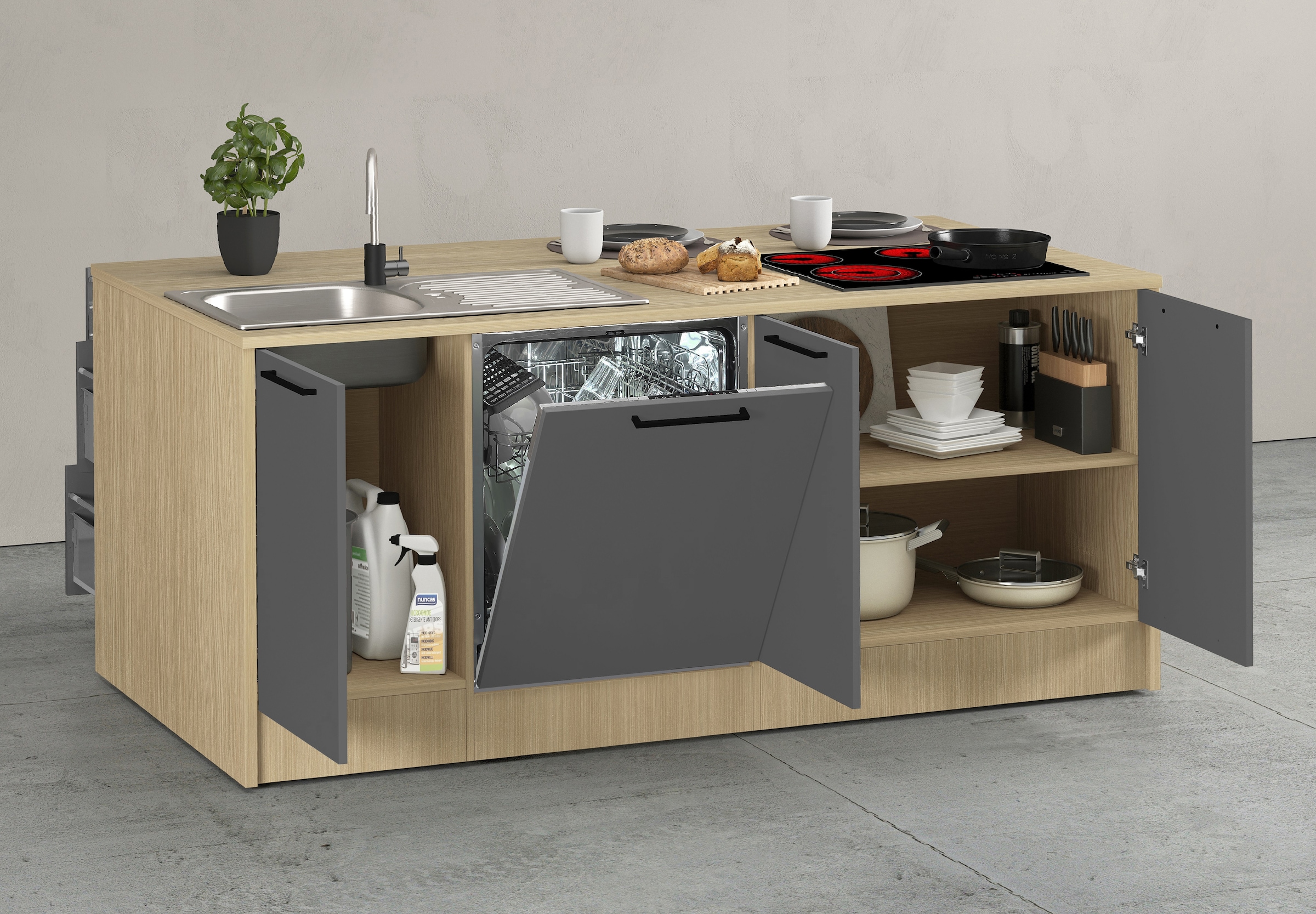KOCHSTATION Kücheninsel »KS-Luna Breite 200 cm, Höhe 90 cm« Breite 200 cm, wahlweise mit Hanseatic-E-Geräten