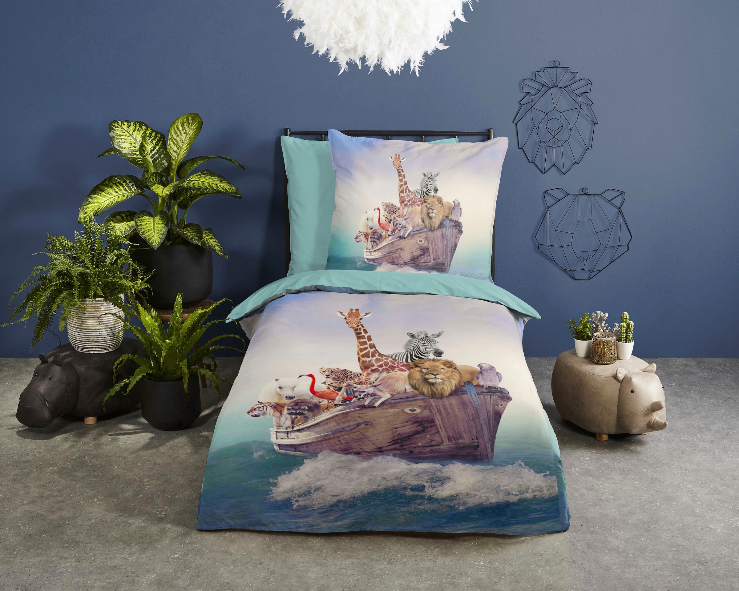 good morning Kinderbettwäsche »Noah5«, Baumwolle, 135x200, Reissverschluss, Wende, Kind, Tier Arche Noah, Blau