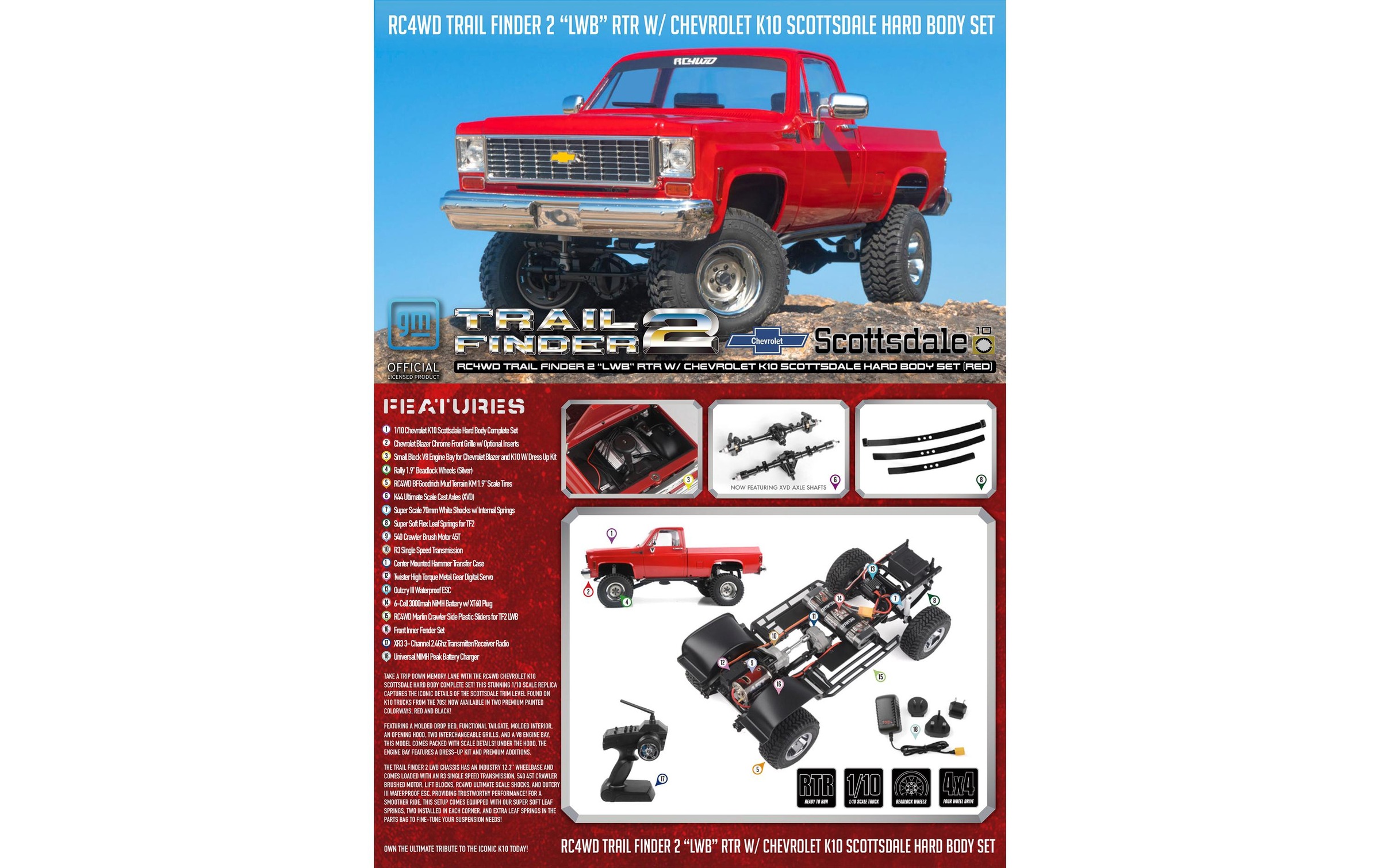 RC-Monstertruck »RC4WD Trail Finder 2 LWB Chevy K10 Rot, RTR,«, Lackiert