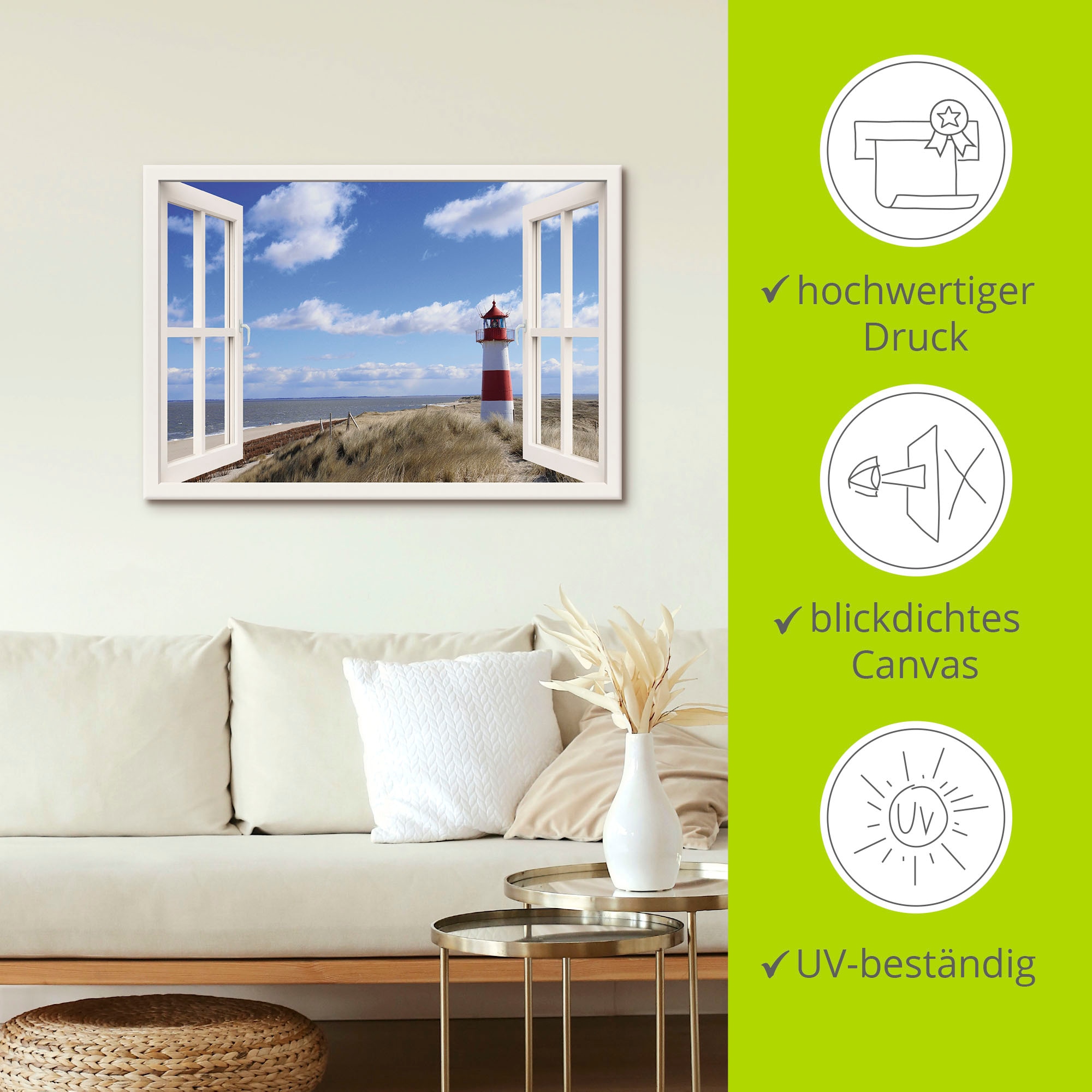 Artland Wandbild »Fensterblick - Leuchtturm Sylt«, Fensterblick, (1 St.), als Leinwandbild, Poster, Wandaufkleber in verschied. Grössen