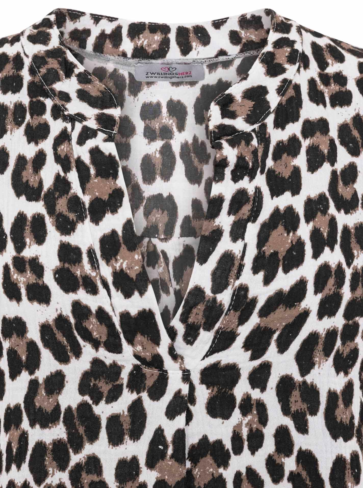 Zwillingsherz Top chemisier »"Rom"« Turn-Up Ärmel, V-Neck. Leo-Muster, Musselin