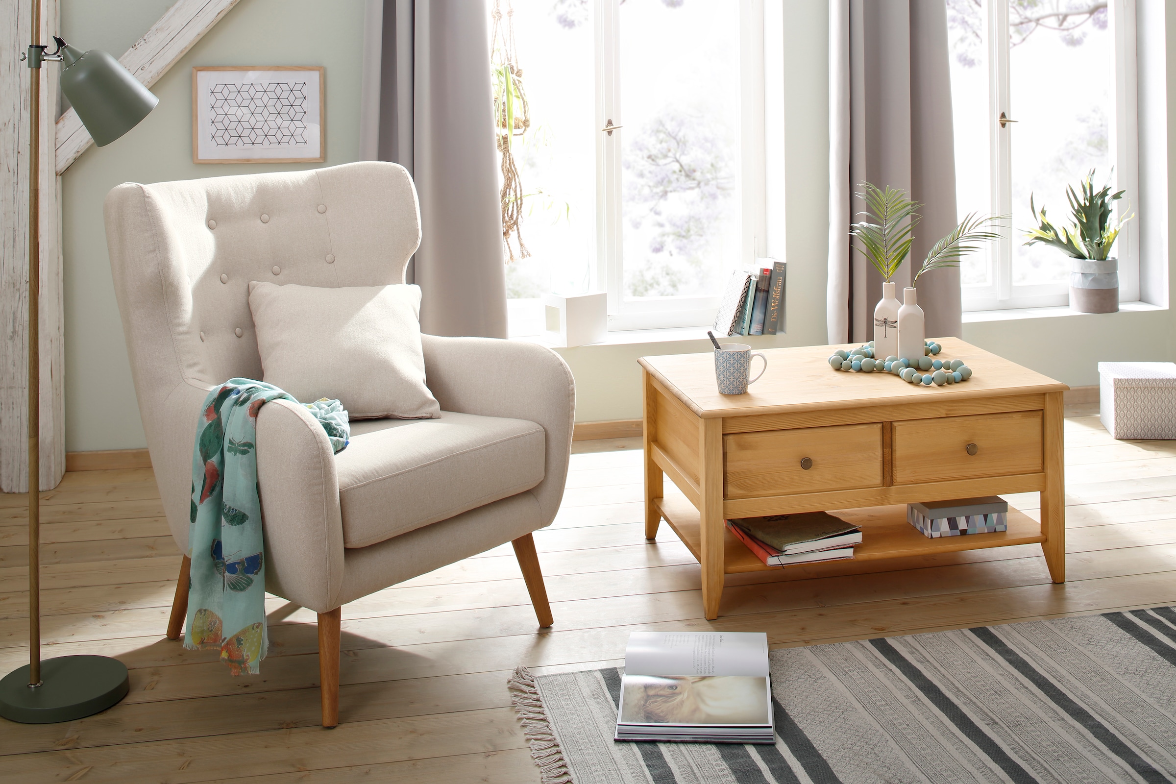 GOODproduct Couchtisch »Leonis« Breite 89 cm, mit Schubladen und Ablageboden, massiver Kiefer,  FSC®