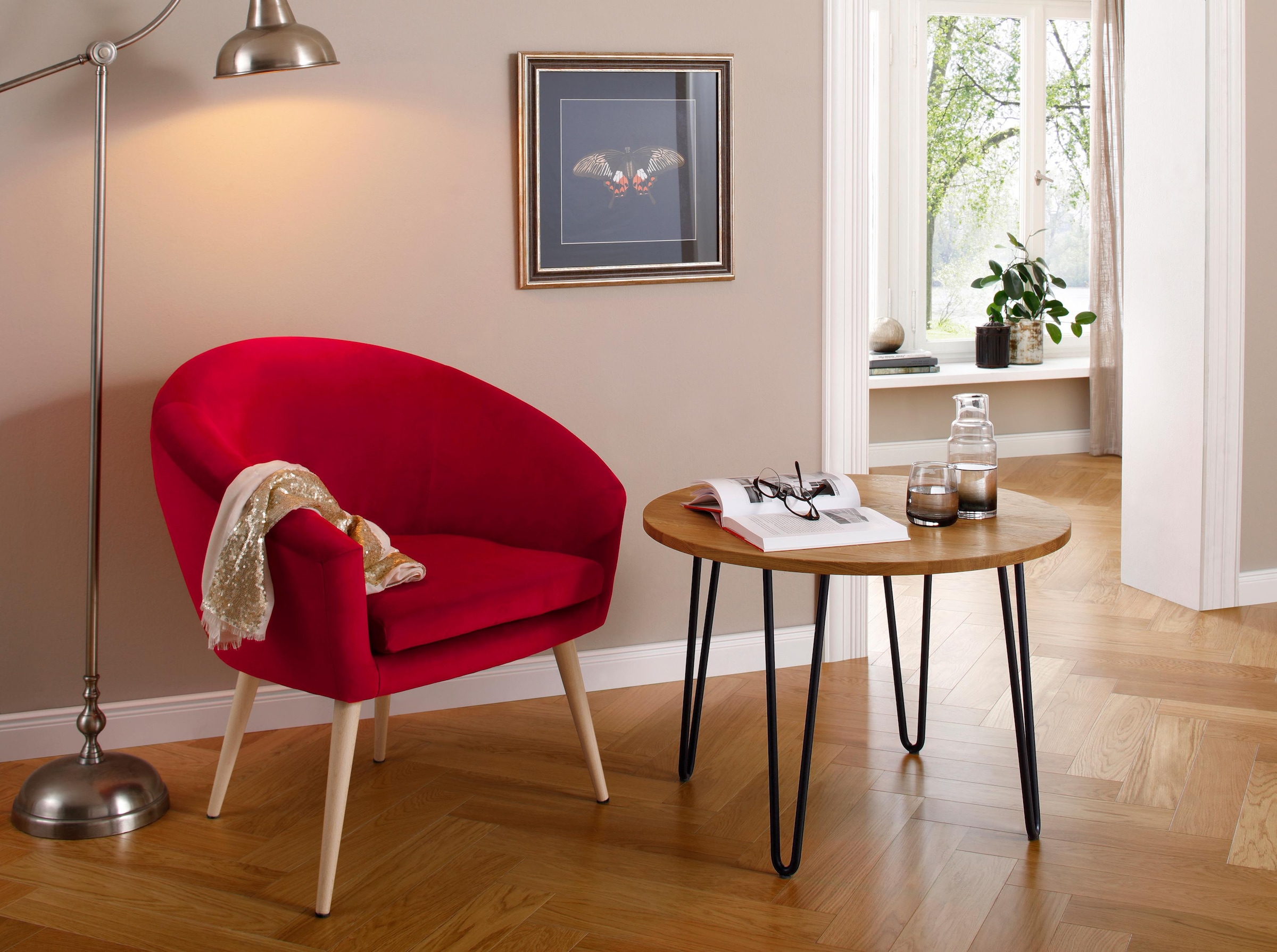 Image of INOSIGN Couchtisch "Hairpin" aus massiver Eiche, mit Metallbeinen, Breite 70 cm.