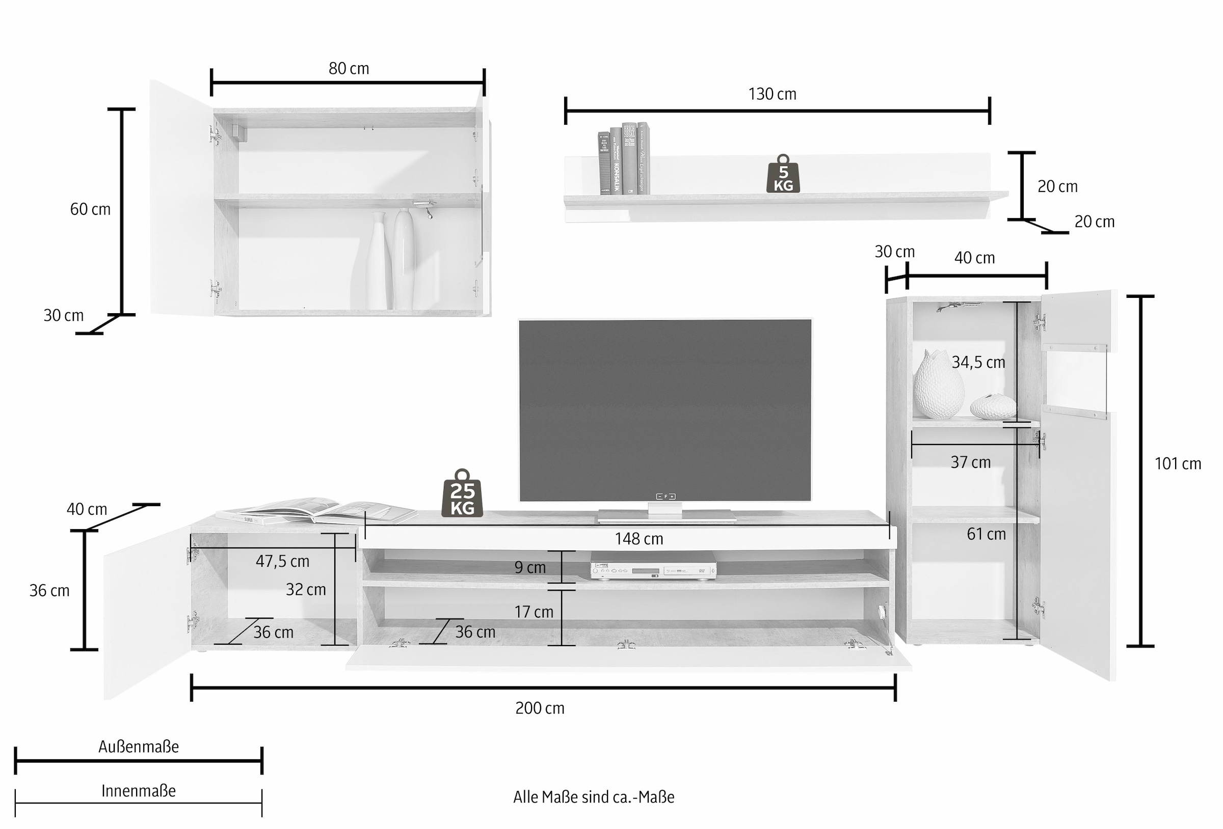 INOSIGN Wohnwand, (Set, 4 St., Set besteht aus 1 Hängevitrine, 1 Vitrine, 1 Lowboard und 1 Wandregal), weiss Korpus/ Front in Hochglanz, ohne Beleuchtung
