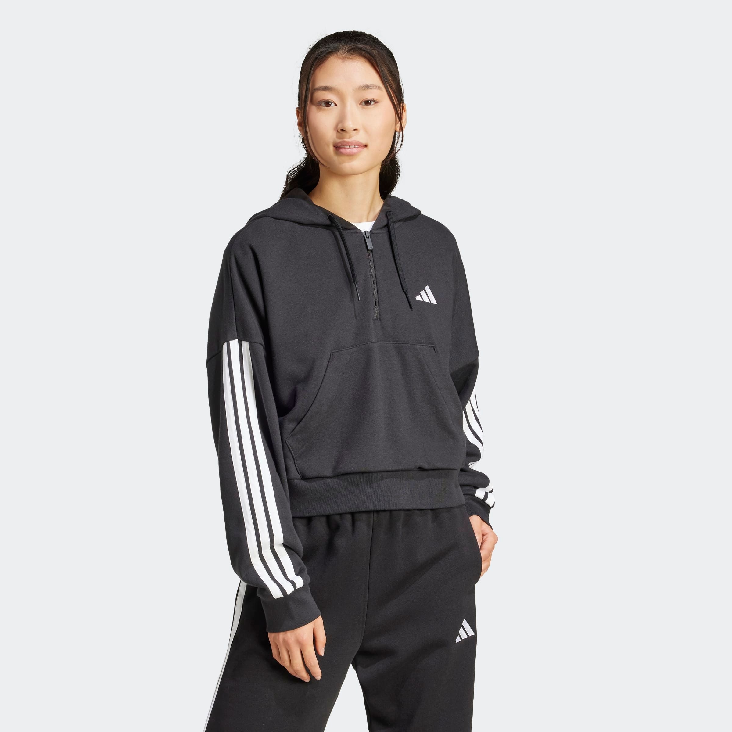 Image of adidas Sportswear Kapuzensweatshirt "ESSENTIALS 3-STREIFEN FRENCH TERRY QUARTER-ZIP HOODIE"