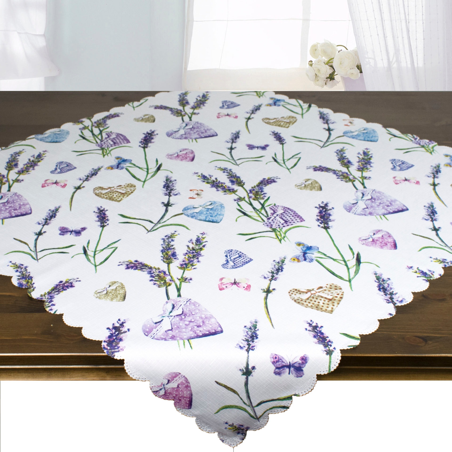 Image of Delindo Lifestyle Mitteldecke "LAVENDEL + HERZ" Strukturgewebe, bedruckt