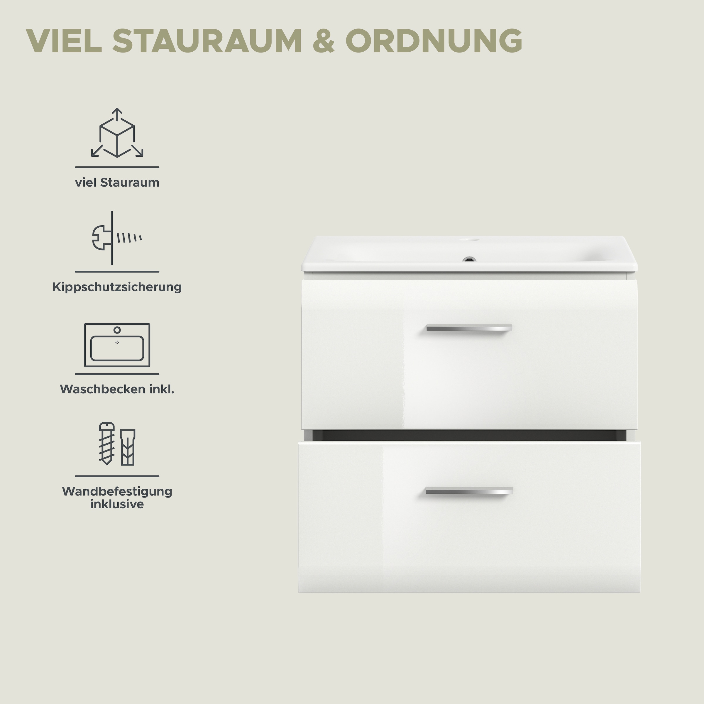 INOSIGN Armoire sous lavabo 2 cuis tlg. Florenz, Waschtisch inkl. Waschbecken, Weiss Hochglanz Tiefzieh