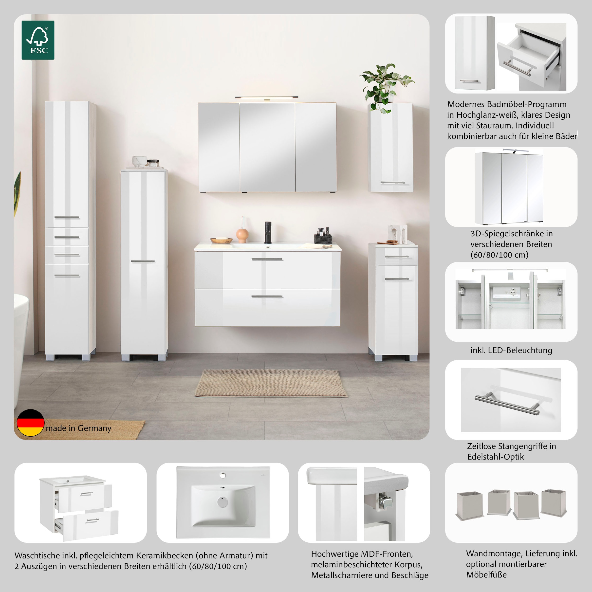 welltime Table de lavage »Trento in verschiedenen Ausführungen Unterschrank inkl. Waschbecken« meuble de salle de bain largeur 100 cm, plan vasque avec 2 tiroirs, armoire de salle de bain