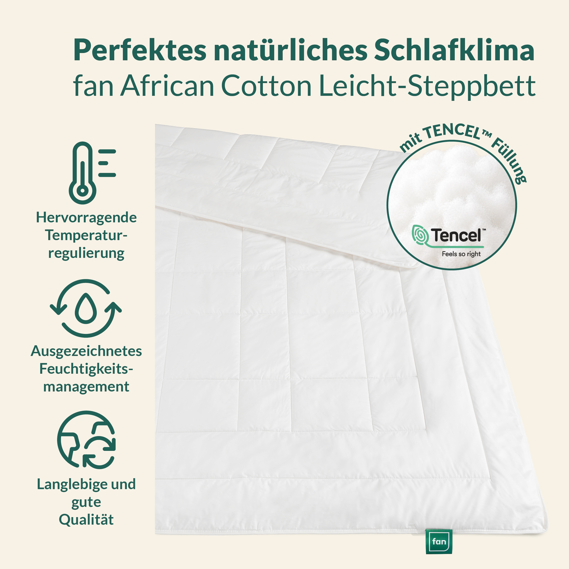 fan Couette en fibres naturelles »African Cotton, 135x200 cm und weitere Grössen« léger Füllung 100 % lyocell (TENCEL™) 1 cuis tlg. Couette pour hiver ou été. Fabriquée en Allemagne