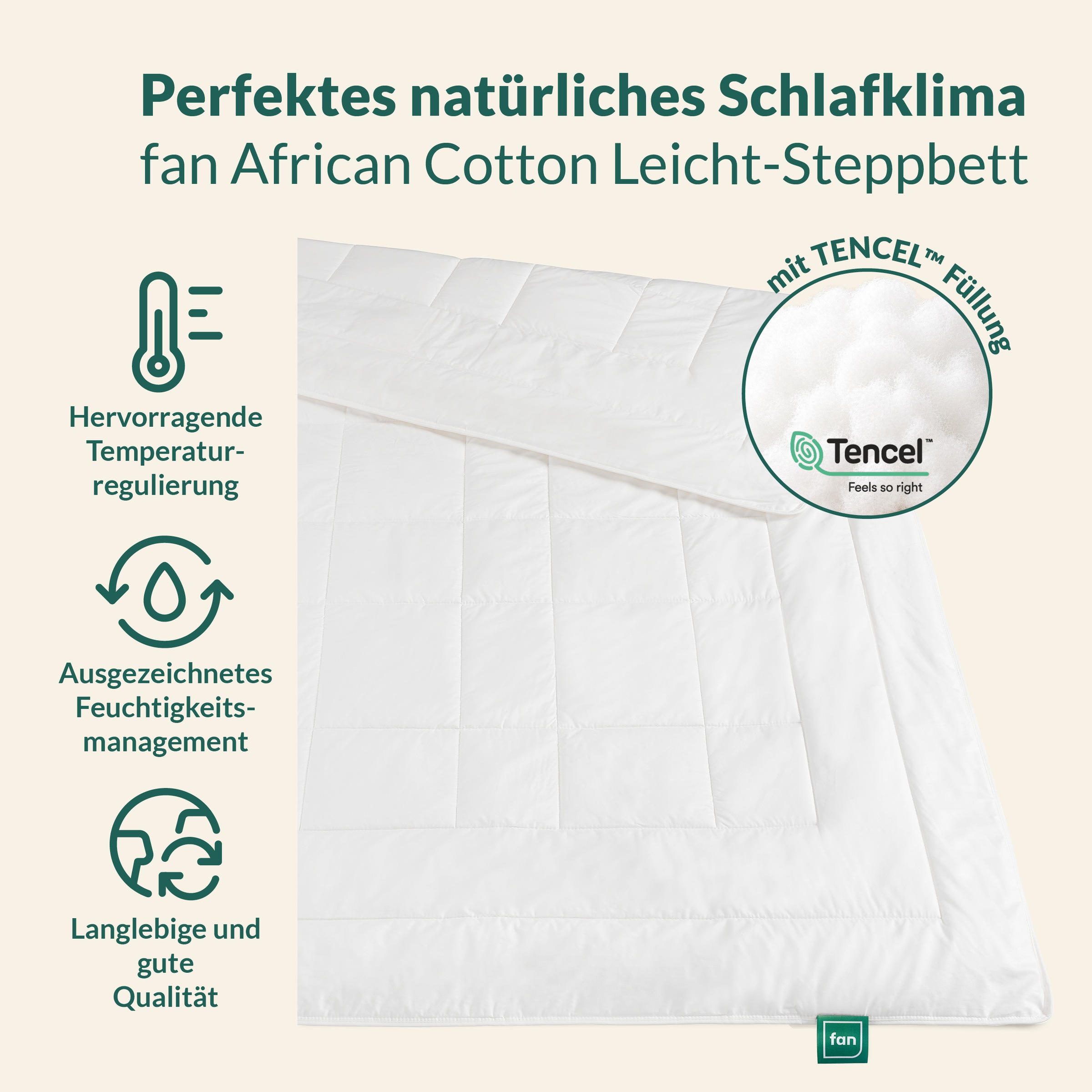 fan Naturfaserbettdecke "African Cotton, 135x200 cm und weitere Größen" leicht Füllung 100% Lyocell (TENCEL™) 1 Stk. tlg. Bettdecke für Winter oder Sommer. Hergestellt in Deutschland