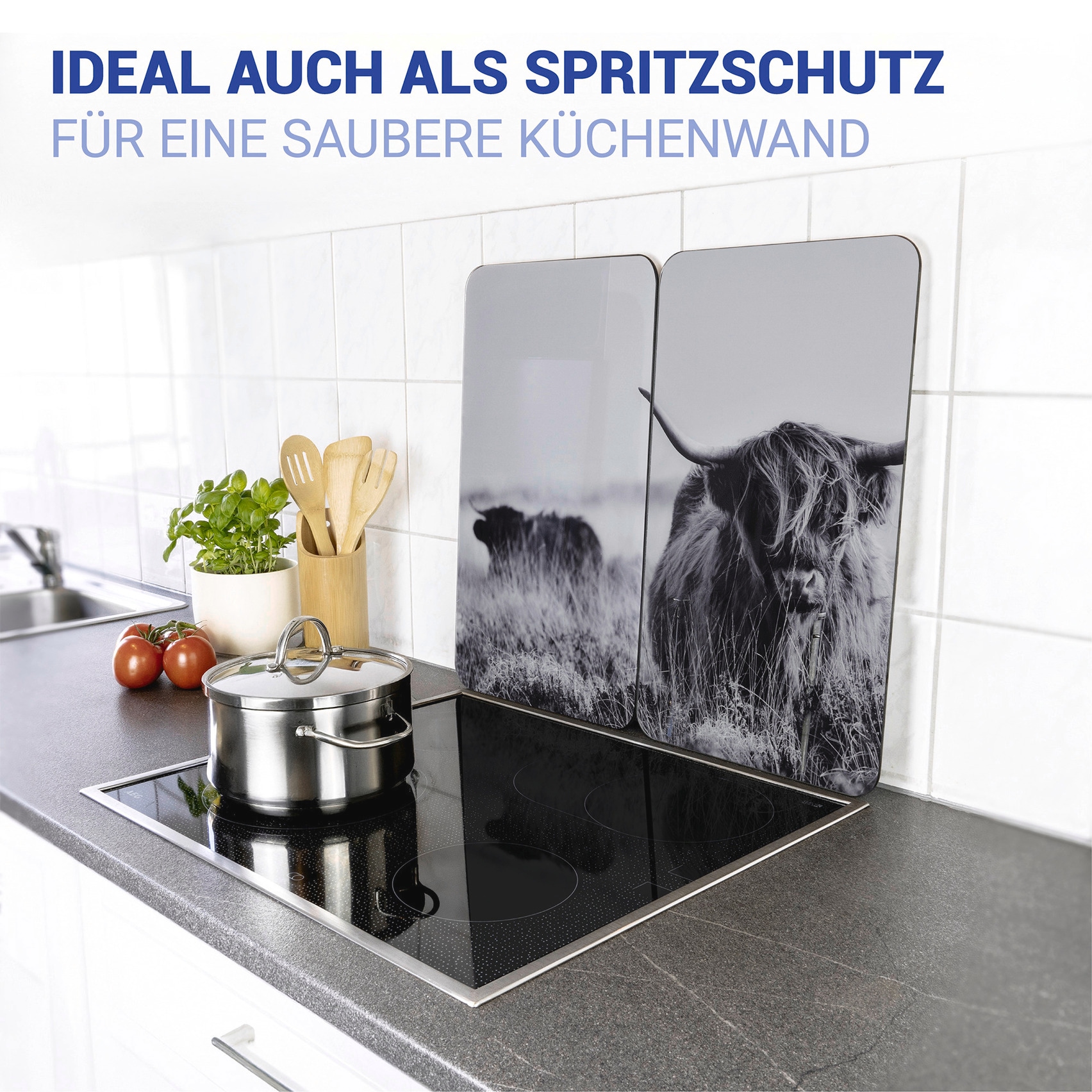 WENKO Herd-Abdeckplatte »Universal Modell Highland Cattle«, (Set, 2 tlg.), Herdabdeckung für alle Herdarten, kratzfest, mit rutschfesten Füssen