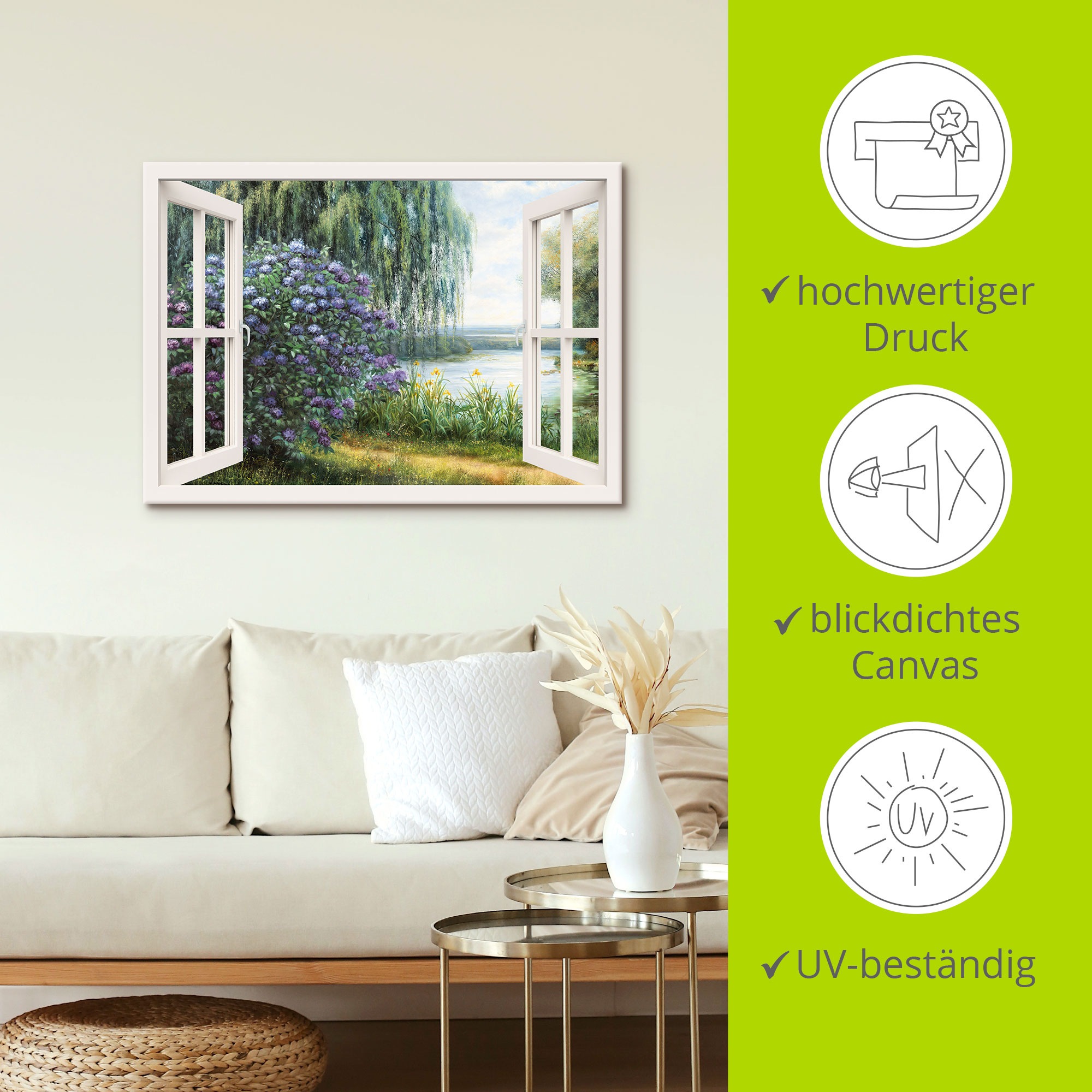 Artland Wandbild »Hortensien am See«, Fensterblick, (1 St.), als Leinwandbild, Poster, Wandaufkleber in verschied. Grössen