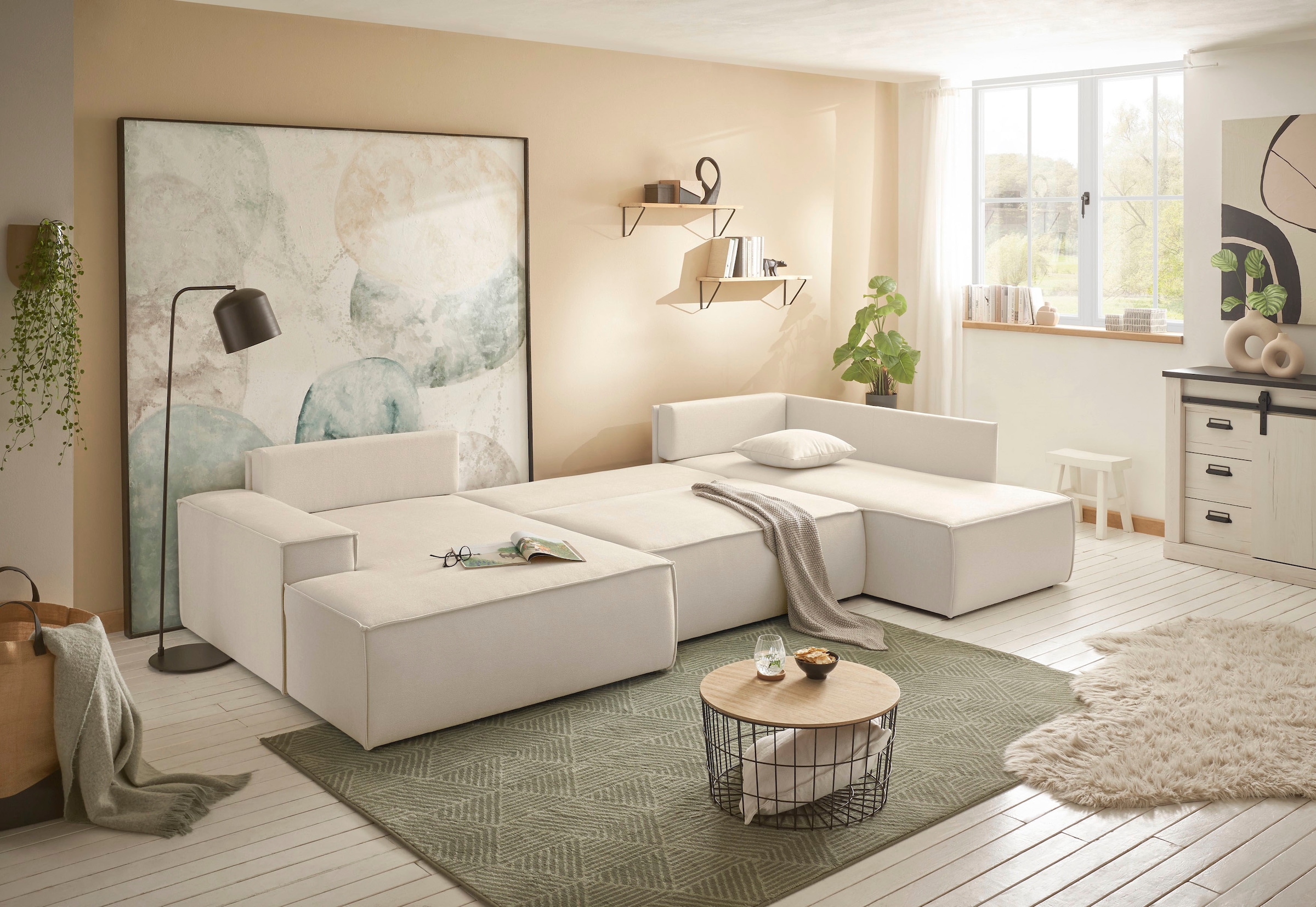 andas Wohnlandschaft »FINNLEY U-Form XXL 329 cm, Schlafsofa, Schlaffunktion m. Bettkasten«, (194/139 cm), Bouclé, Struktur und Cord