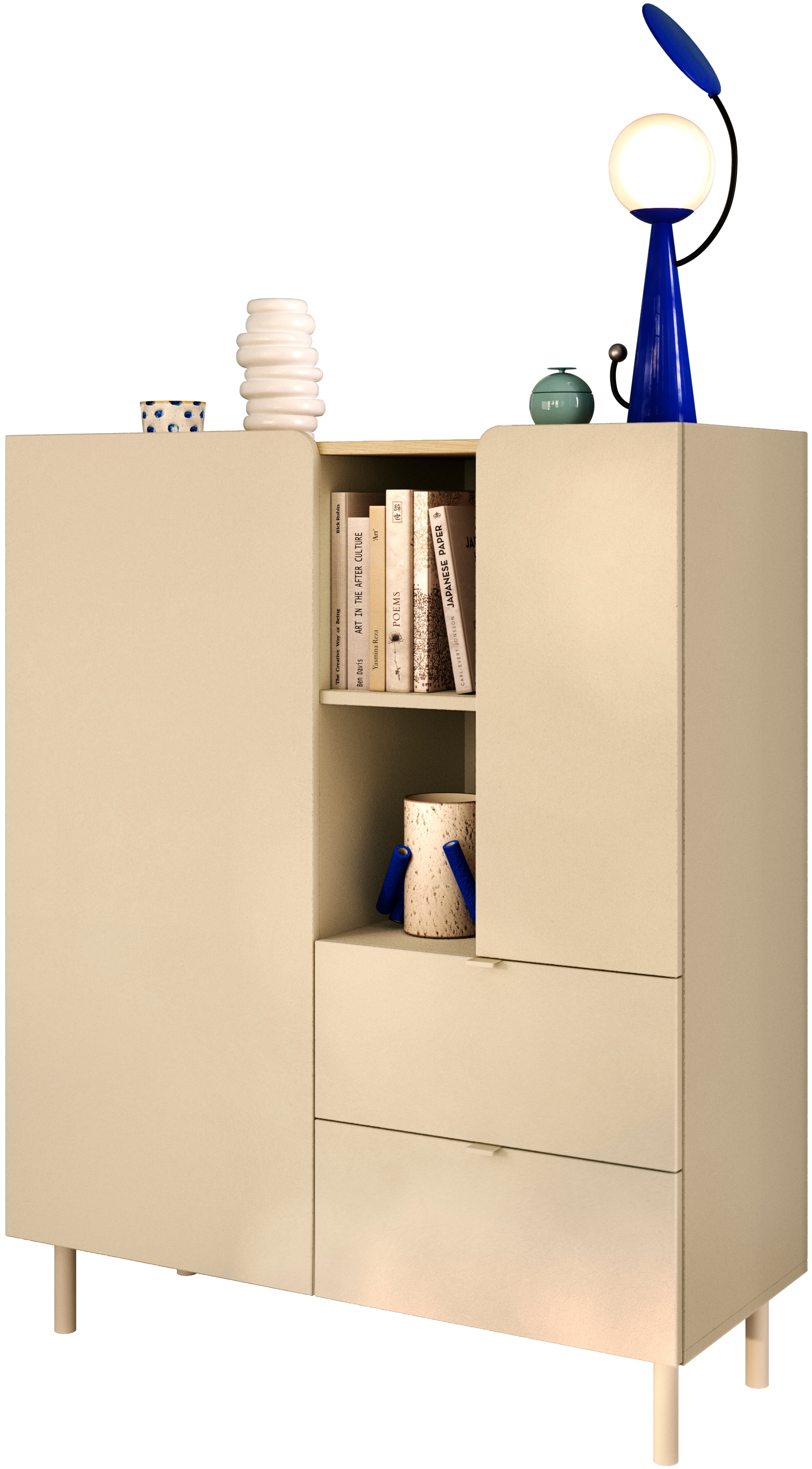 GOODproduct Highboard »Dobbiaco, B/H 101/124 cm, 2 Türen, 2 Schubkästen, Stauraumschrank« Innenliegendes Top, gerade Metallfüsse, Tür mit Rundung