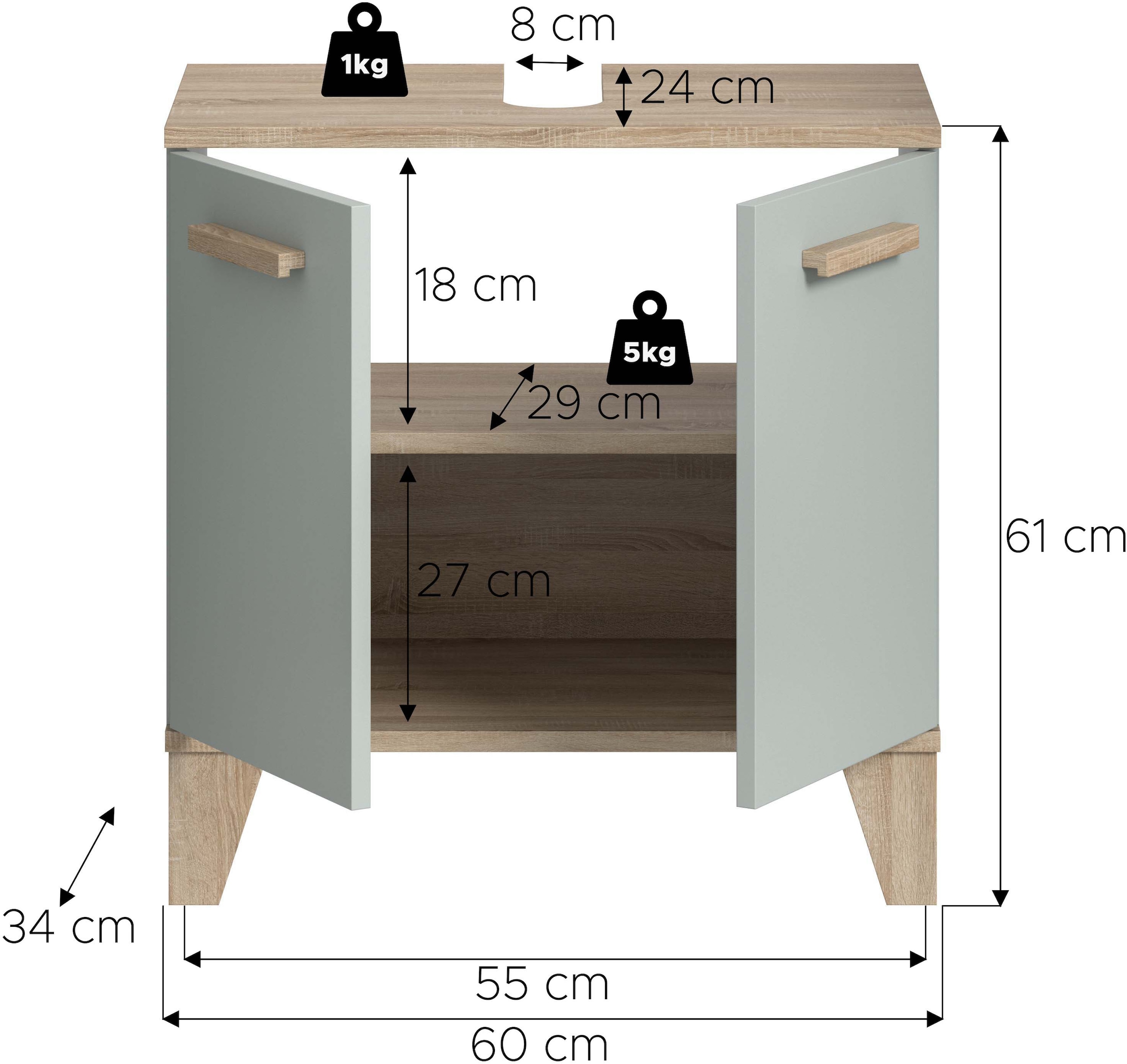 welltime Waschbeckenunterschrank »MINTTU, Breite 60 cm, 2 Türen, 1 Einlegeboden, 2 Fächer« mit Siphonausschnitt 8x23 cm,  Badmöbel, Badschrank, Schrank, Kommode, Bad, Unterschrank