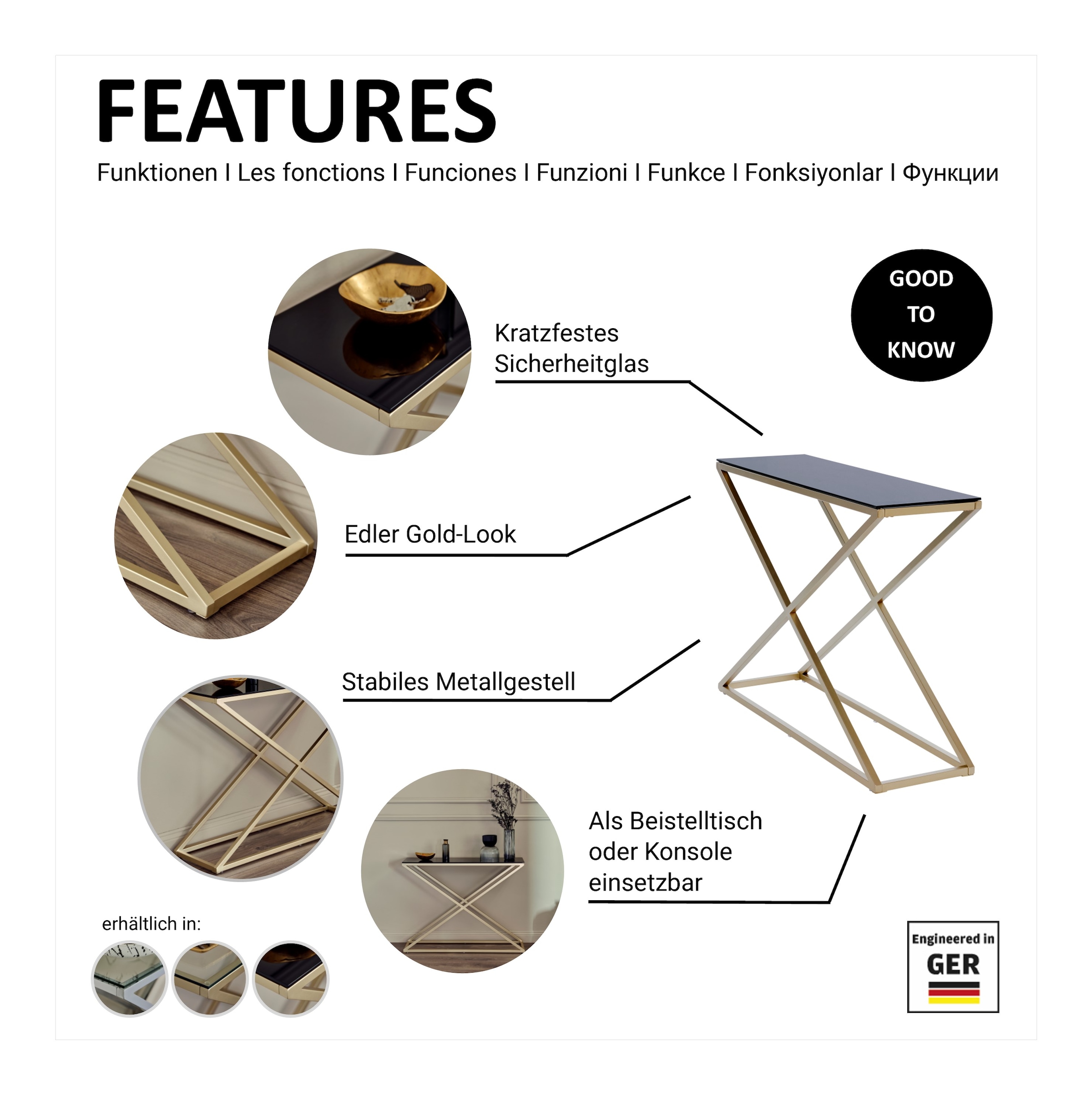Jahnke Konsolentisch »XTRA CONSOLE« 1 Stk. tlg. Konsole/Beistelltisch in Gold-Look, aus Sicherheitsglas gefertigt