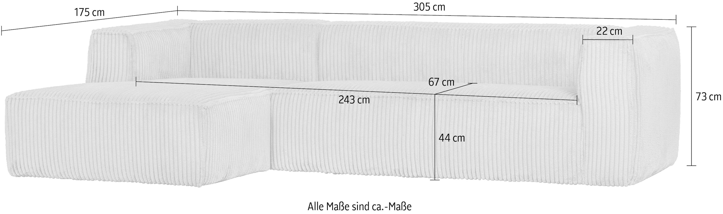 WOOOD Ecksofa »Bean Bezug Links mit hoher Sitzkomfort, H 73 x B 305 x T 96/175 cm« Ripsstoff, Tragkraft 400 kg, Gute Verschleissfestigkeit, pflegeleicht