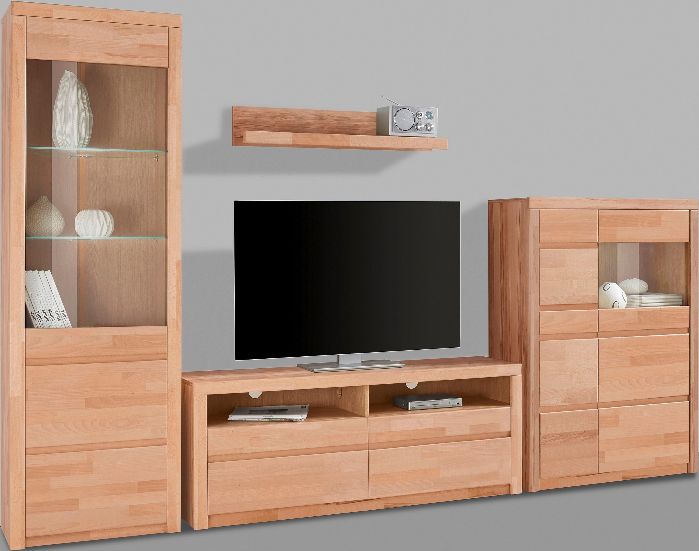 Image of GOODproduct Wohnwand "Silkeborg: 4-teilig, Breite: 290cm, Griffmulden, Fronten Massivholz" Set, Set besteht aus 1 Vitrine, 1 Lowboard, 1 Wandregal und 1 Highboard, 4 Stk. tlg.