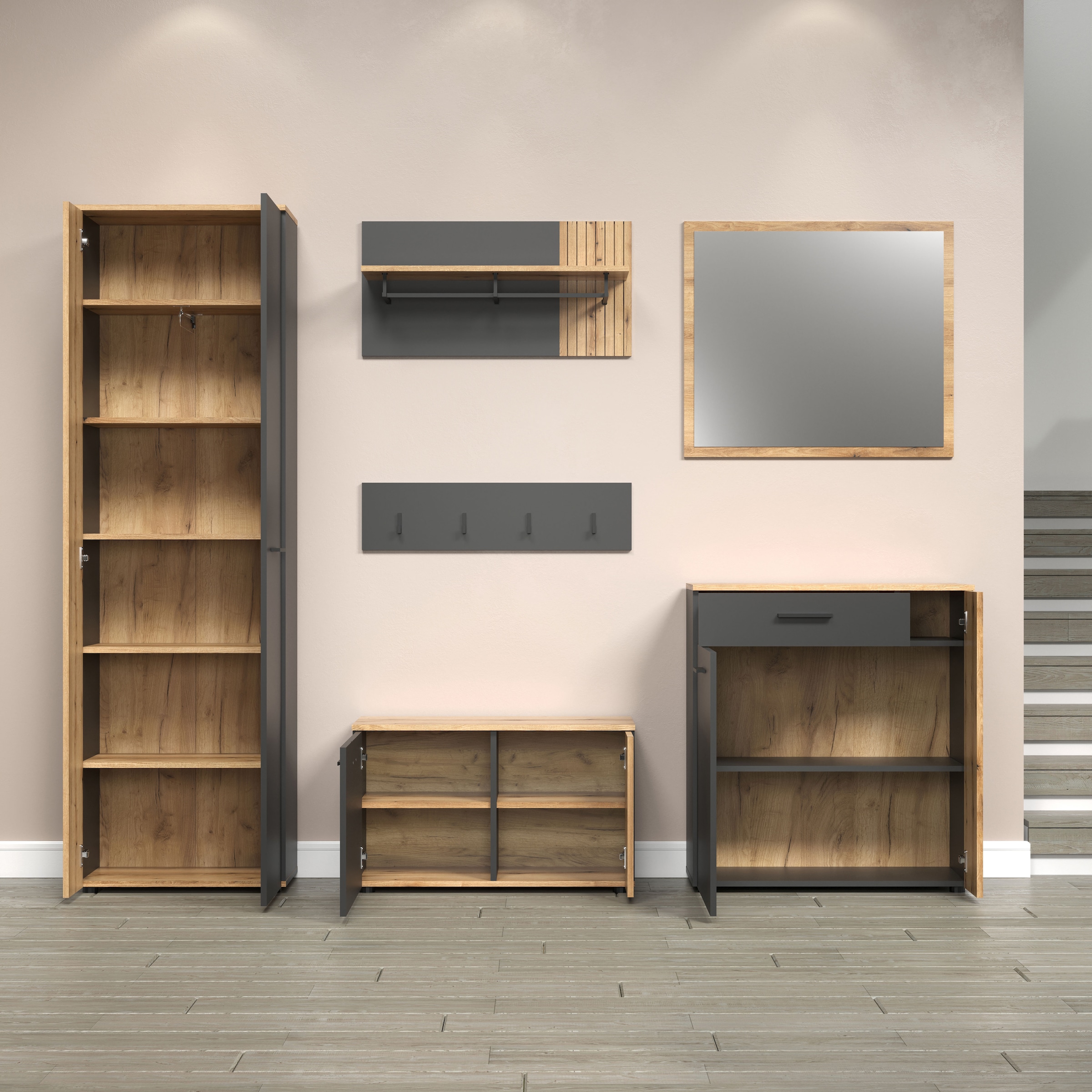 INOSIGN Garderoben-Set »Estepona«, (Komplett-Set, 6 St.), Garderobenmöbel mit Rillenoptik - Masse (B/T/H) 250/36/195 cm